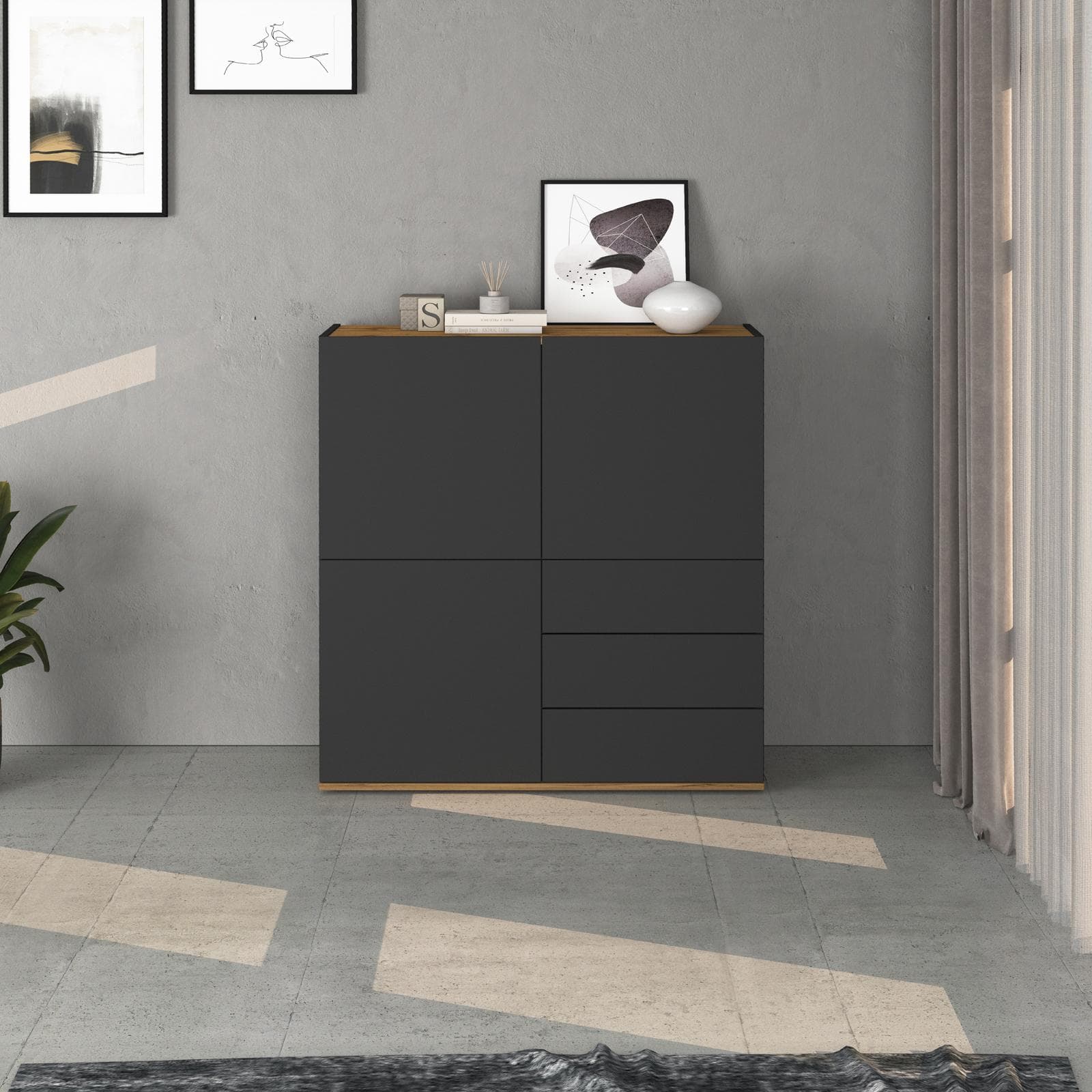 Credenza 102x110h cm antracite opaco top rovere wotan con 3 ante e 3 cassetti - Loira