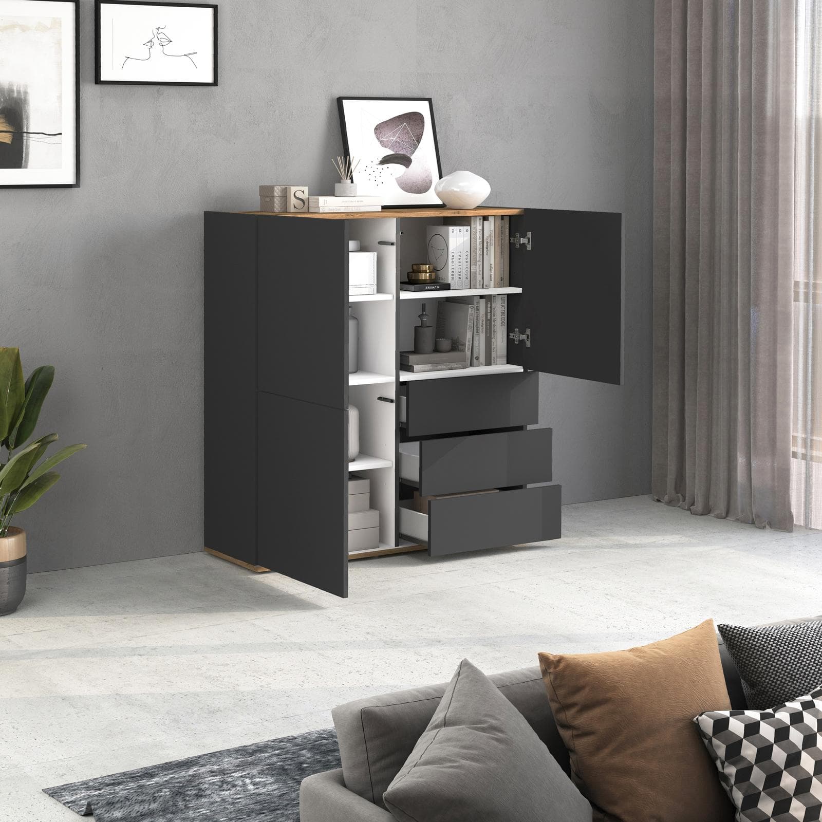 Credenza 102x110h cm antracite opaco top rovere wotan con 3 ante e 3 cassetti - Loira