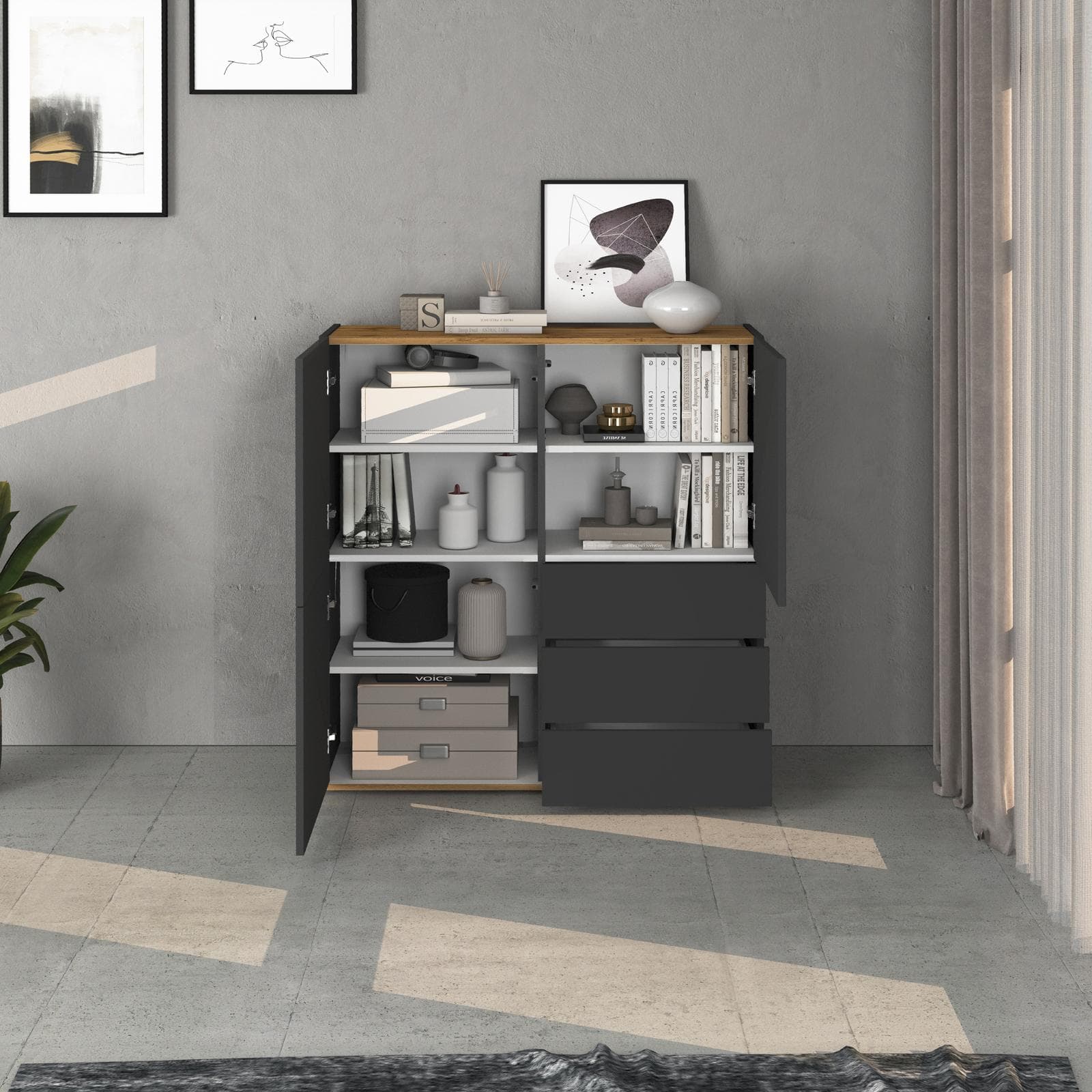 Credenza 102x110h cm antracite opaco top rovere wotan con 3 ante e 3 cassetti - Loira