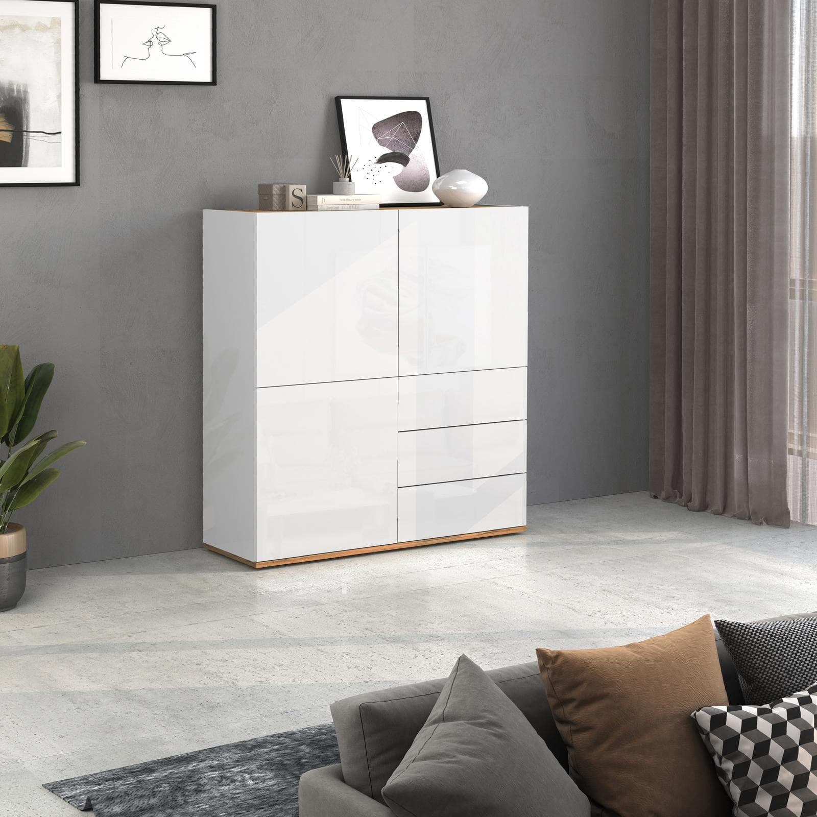 Credenza 102x110h cm bianco lucido top rovere wotan con 3 ante e 3 cassetti - Loira