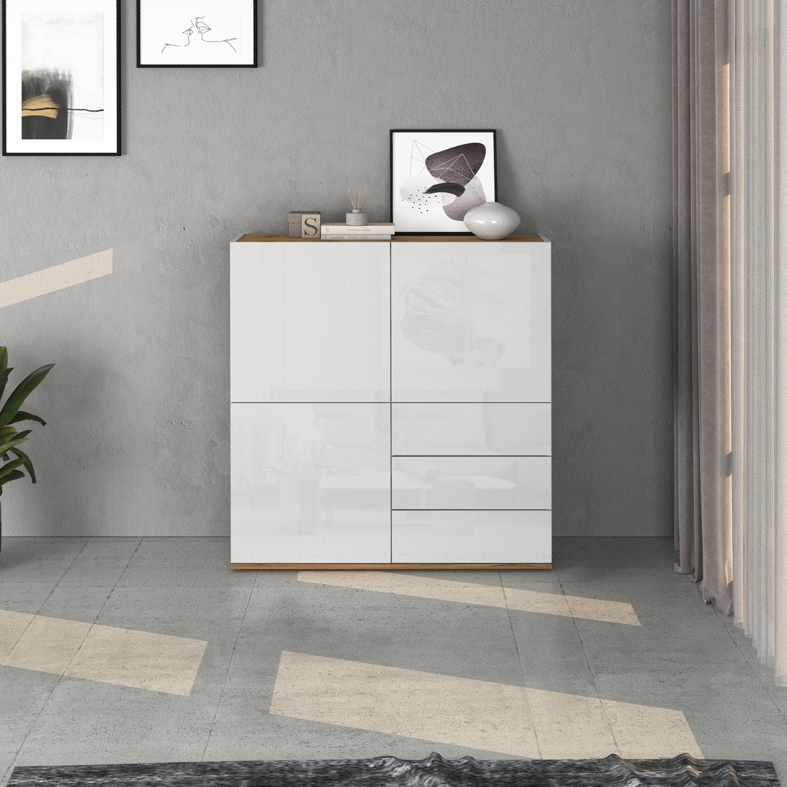 Credenza 102x110h cm bianco lucido top rovere wotan con 3 ante e 3 cassetti - Loira