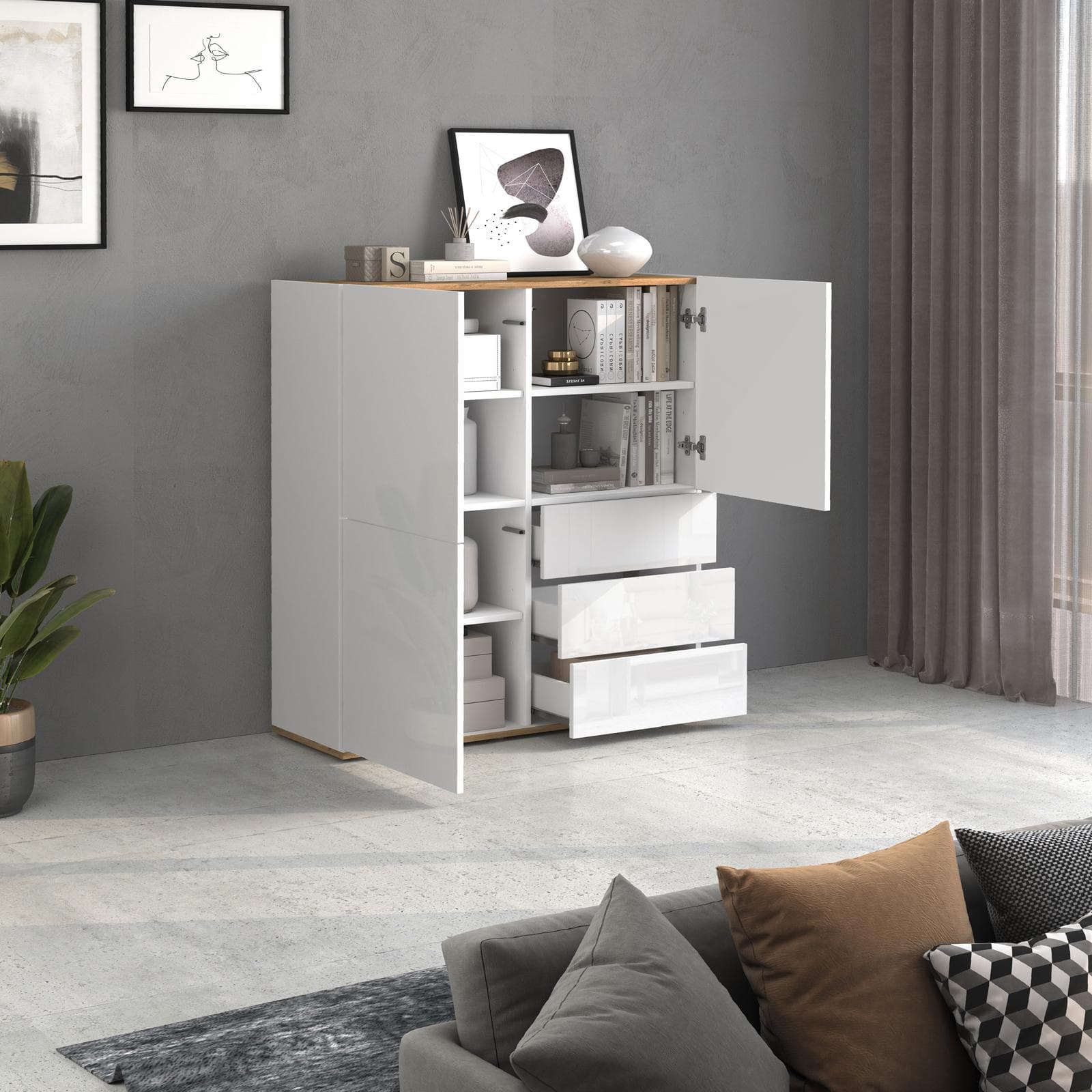 Credenza 102x110h cm bianco lucido top rovere wotan con 3 ante e 3 cassetti - Loira