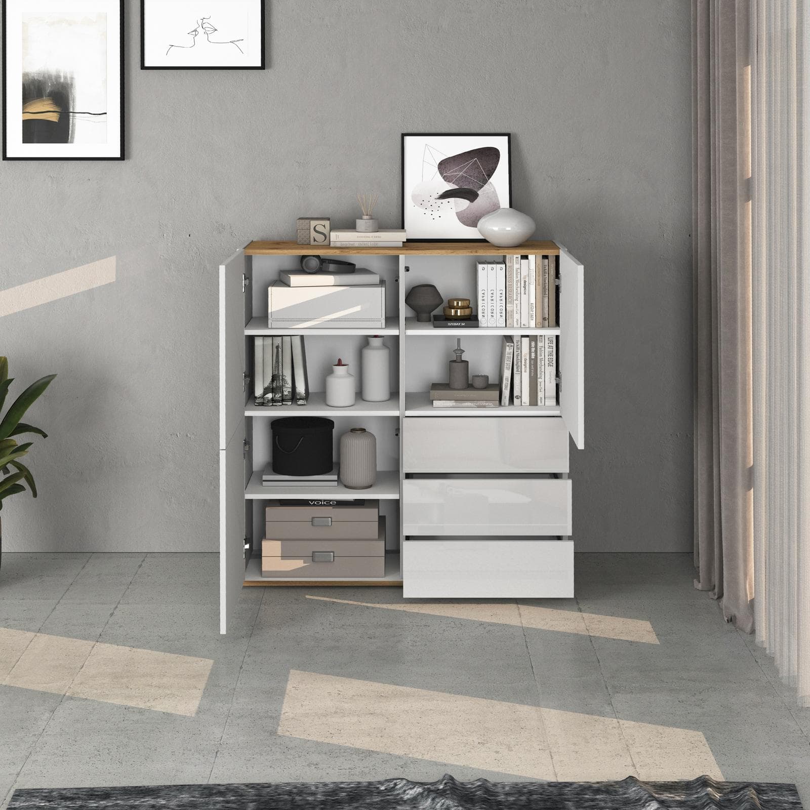 Credenza 102x110h cm bianco lucido top rovere wotan con 3 ante e 3 cassetti - Loira