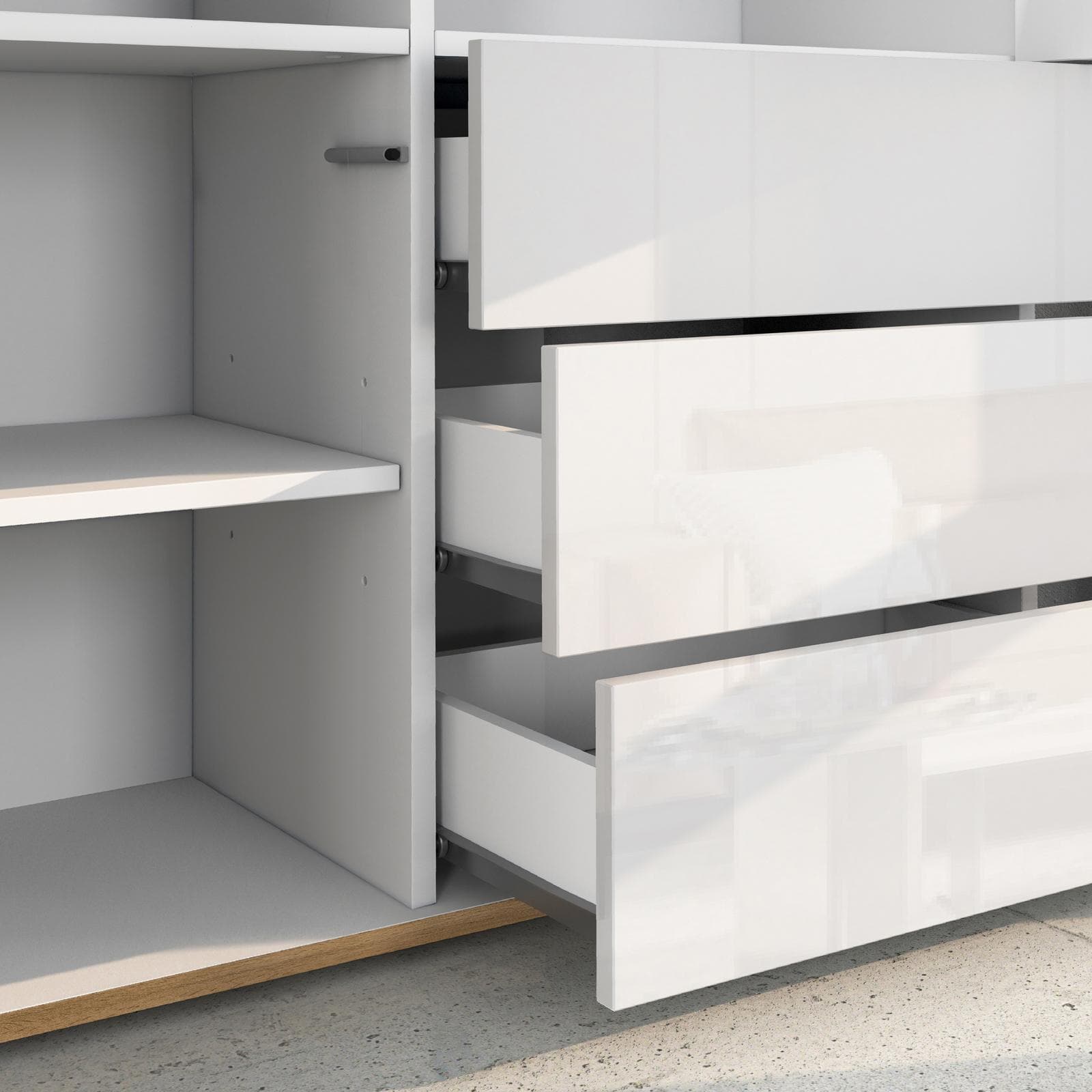 Credenza 102x110h cm bianco lucido top rovere wotan con 3 ante e 3 cassetti - Loira