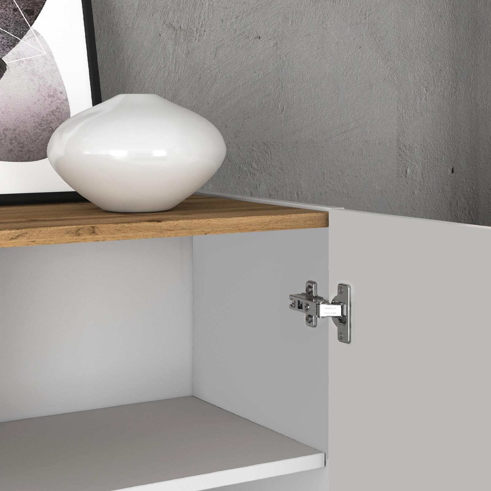 Credenza 102x110h cm bianco lucido top rovere wotan con 3 ante e 3 cassetti - Loira