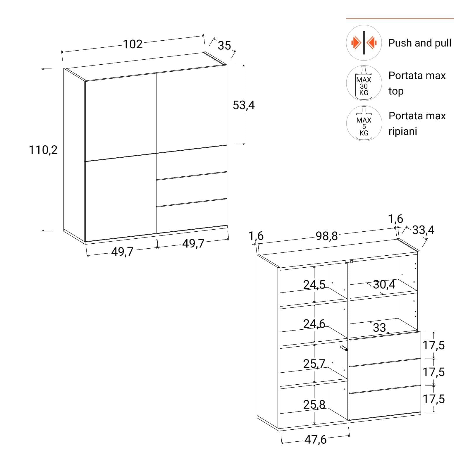 Credenza 102x110h cm bianco lucido top rovere wotan con 3 ante e 3 cassetti - Loira