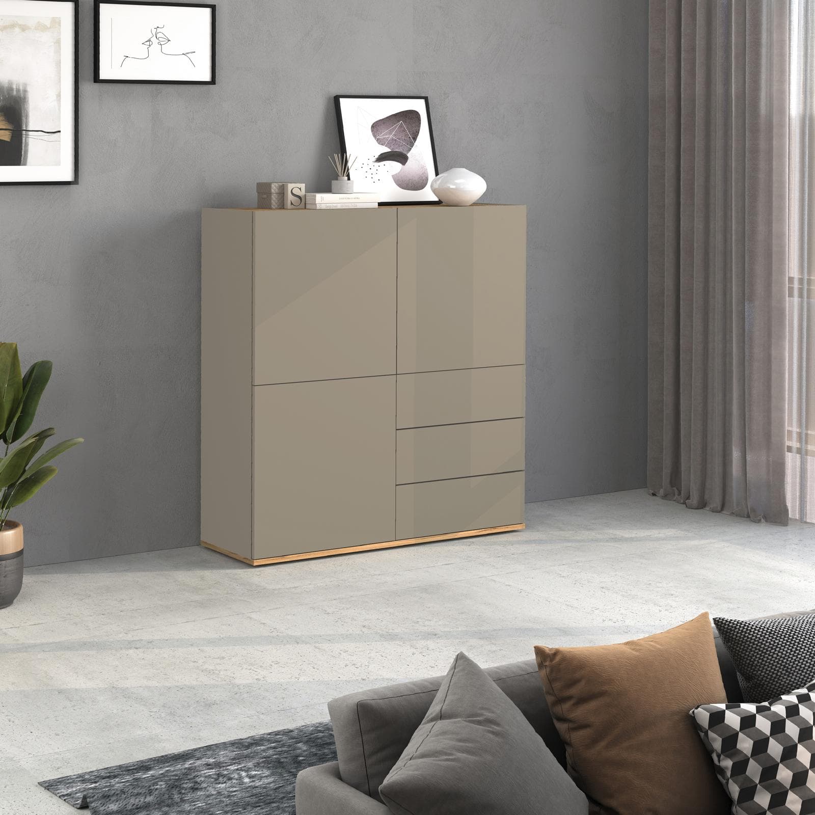 Credenza 102x110h cm tortora opaco top rovere wotan con 3 ante e 3 cassetti - Loira