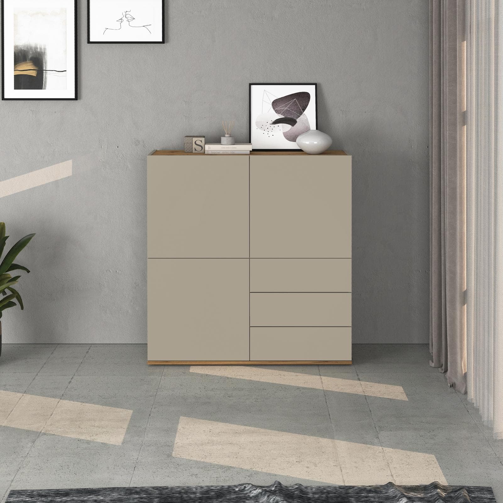 Credenza 102x110h cm tortora opaco top rovere wotan con 3 ante e 3 cassetti - Loira