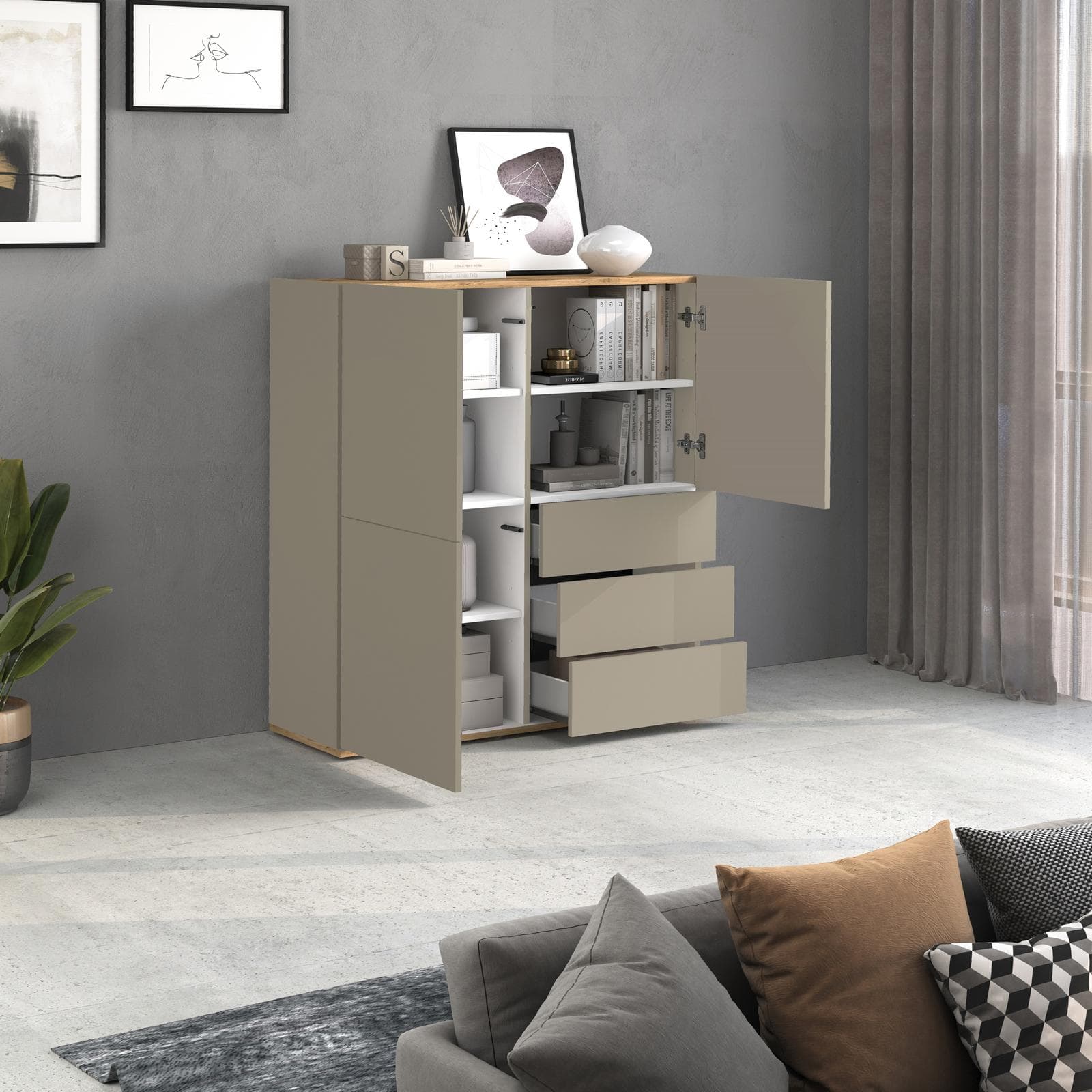 Credenza 102x110h cm tortora opaco top rovere wotan con 3 ante e 3 cassetti - Loira