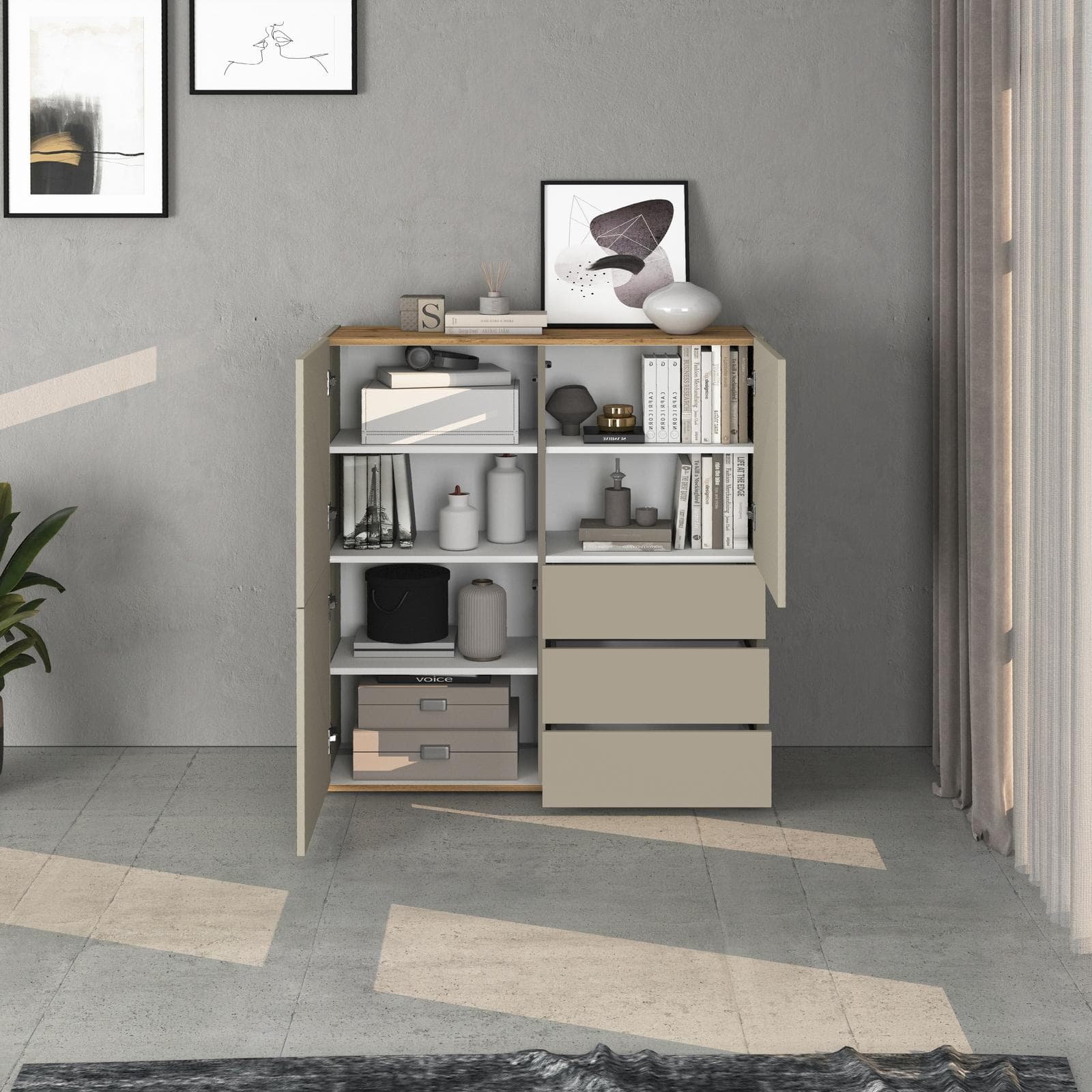 Credenza 102x110h cm tortora opaco top rovere wotan con 3 ante e 3 cassetti - Loira