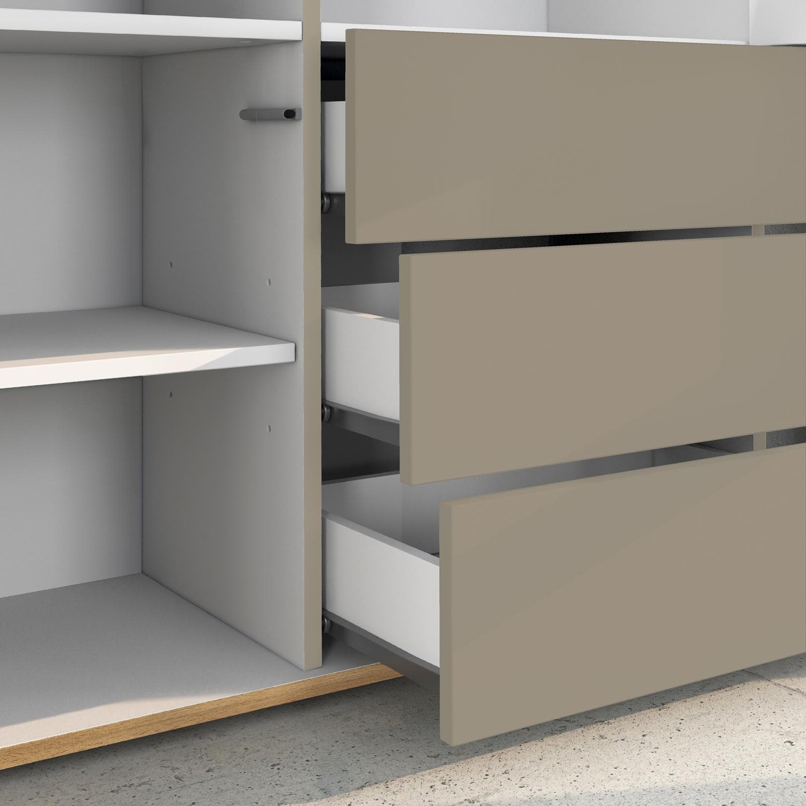 Credenza 102x110h cm tortora opaco top rovere wotan con 3 ante e 3 cassetti - Loira