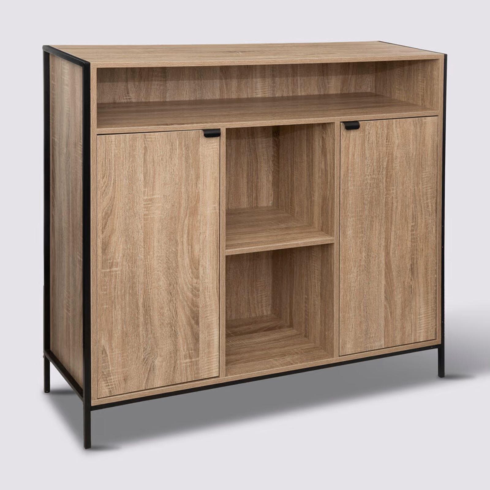 Credenza 114x110h cm effetto rovere e acciaio nero con 2 ante - Emyl