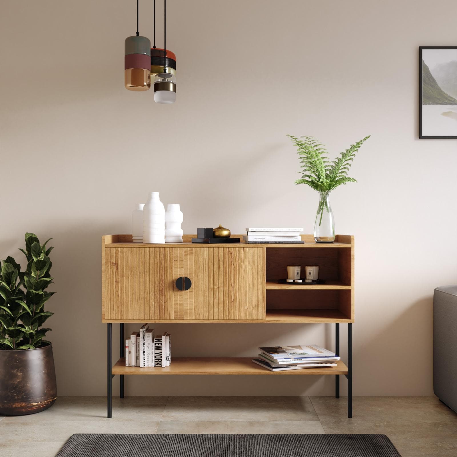 Credenza 120x87h cm con 2 ante soft close rovere chiaro e gambe in metallo nero - Ozma