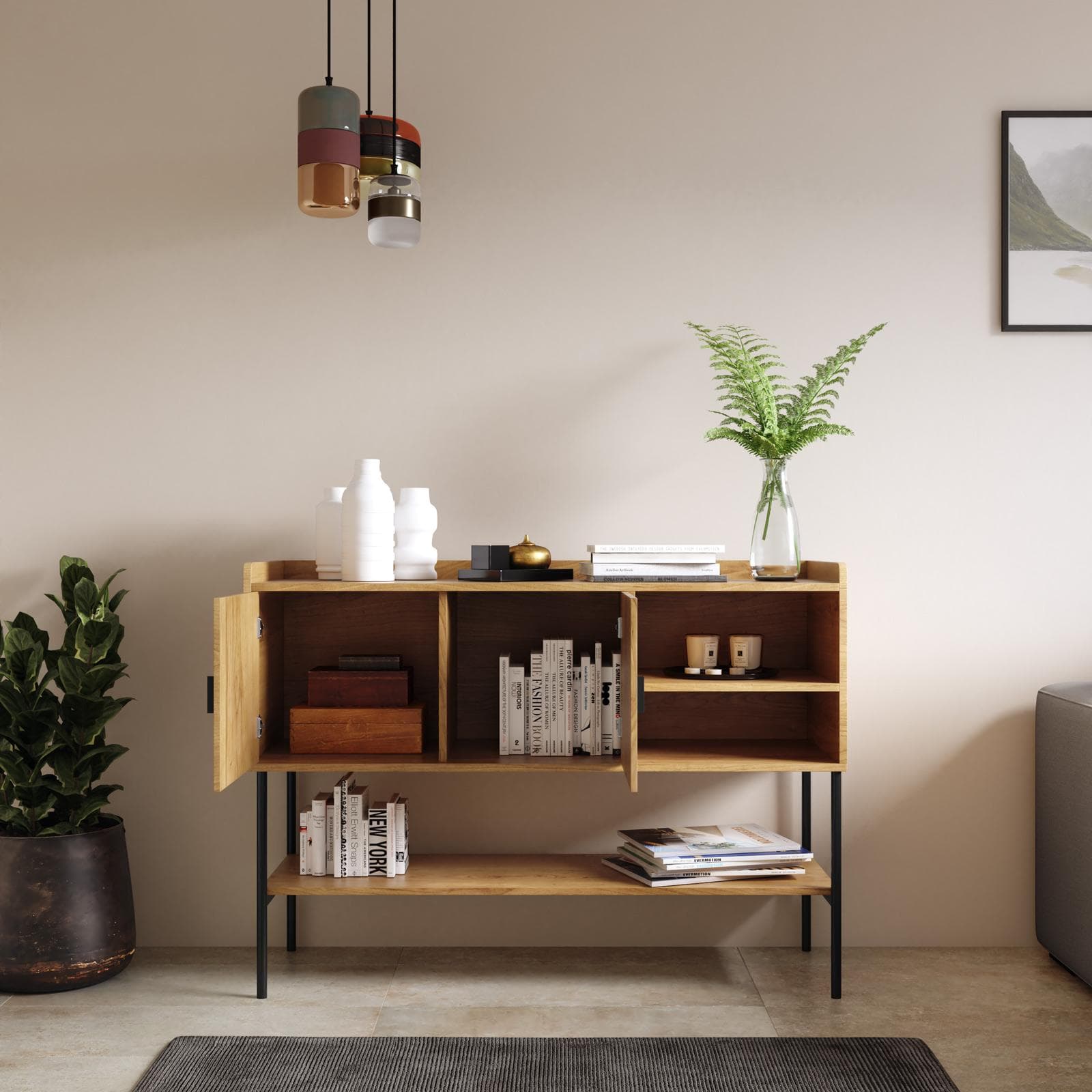 Credenza 120x87h cm con 2 ante soft close rovere chiaro e gambe in metallo nero - Ozma