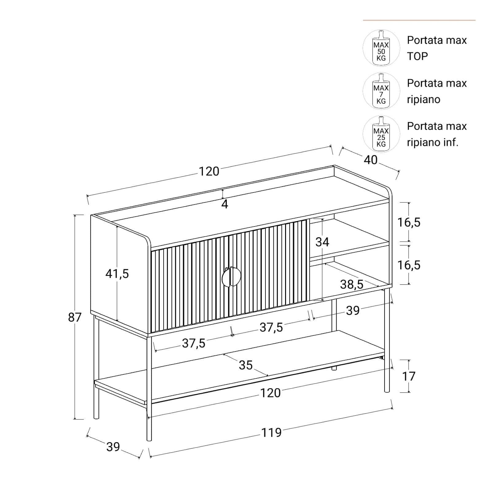 Credenza 120x87h cm con 2 ante soft close rovere chiaro e gambe in metallo nero - Ozma
