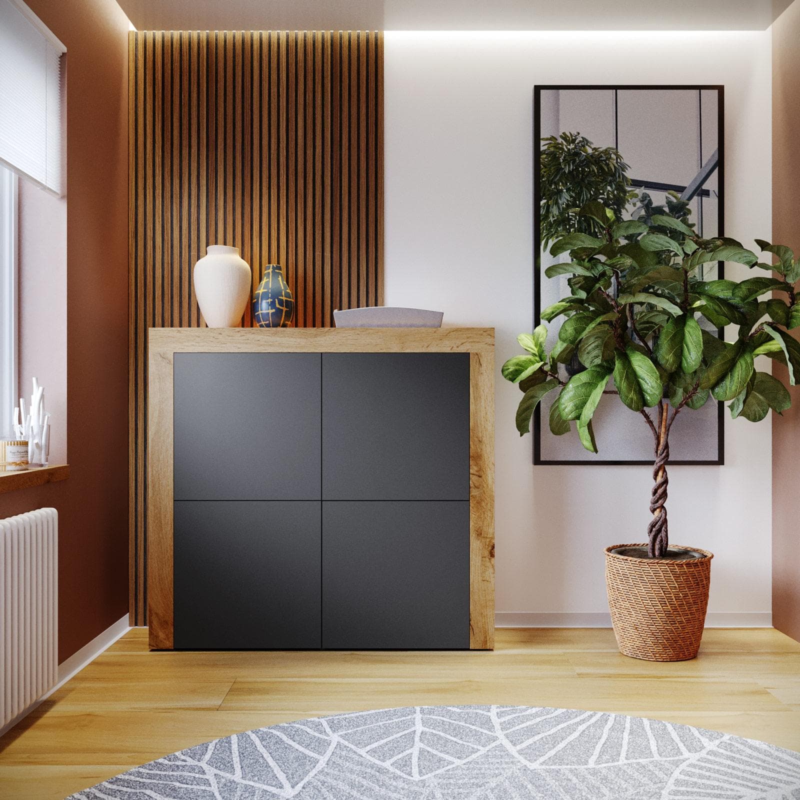 Credenza 140x130h cm con 4 ante antracite opaco e rovere wotan - Kayros