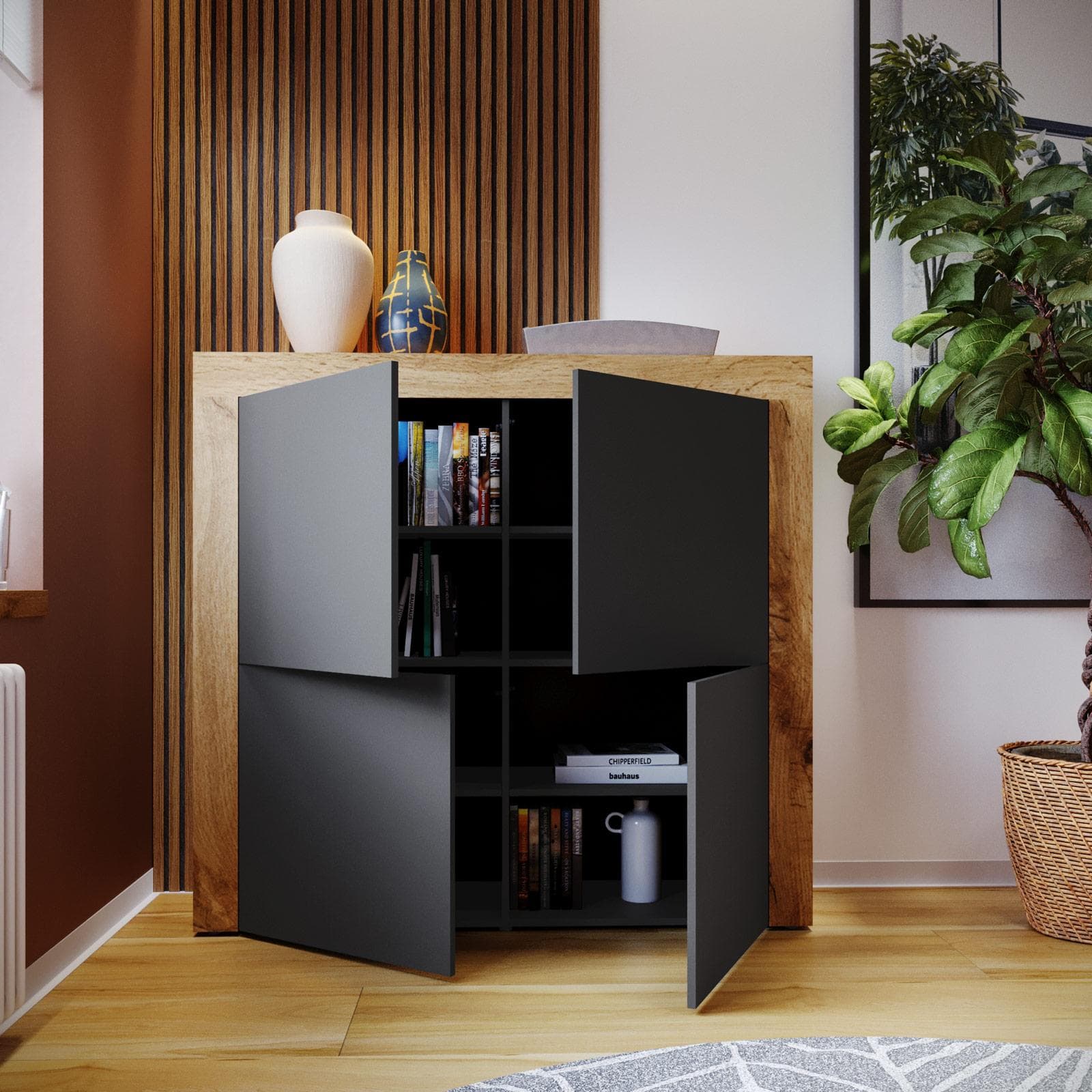 Credenza 140x130h cm con 4 ante antracite opaco e rovere wotan - Kayros