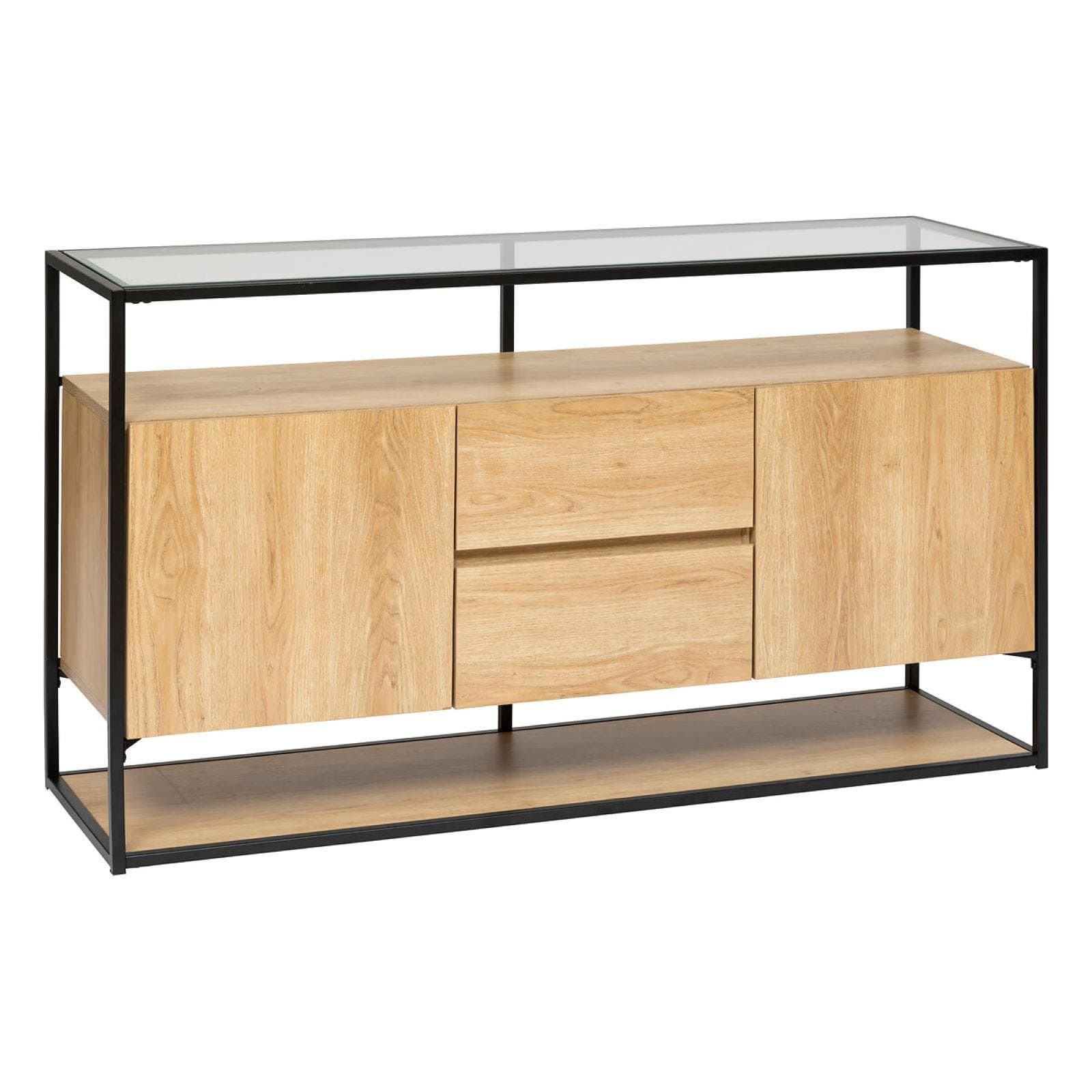 Credenza 140x80h cm in legno e acciaio nero con 2 ante 2 cassetti e top in vetro temperato - Aspen
