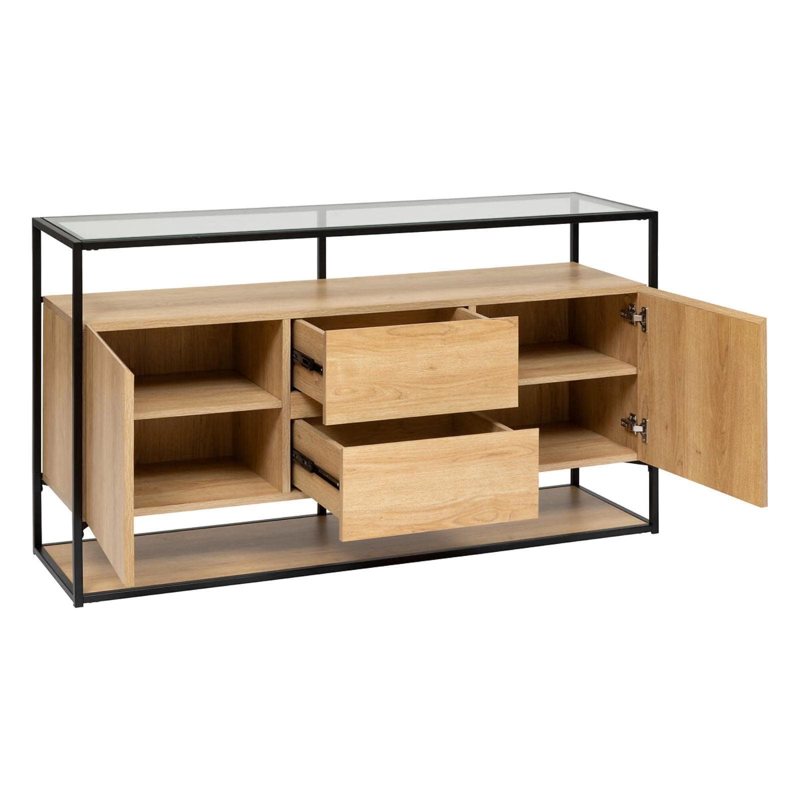 Credenza 140x80h cm in legno e acciaio nero con 2 ante 2 cassetti e top in vetro temperato - Aspen