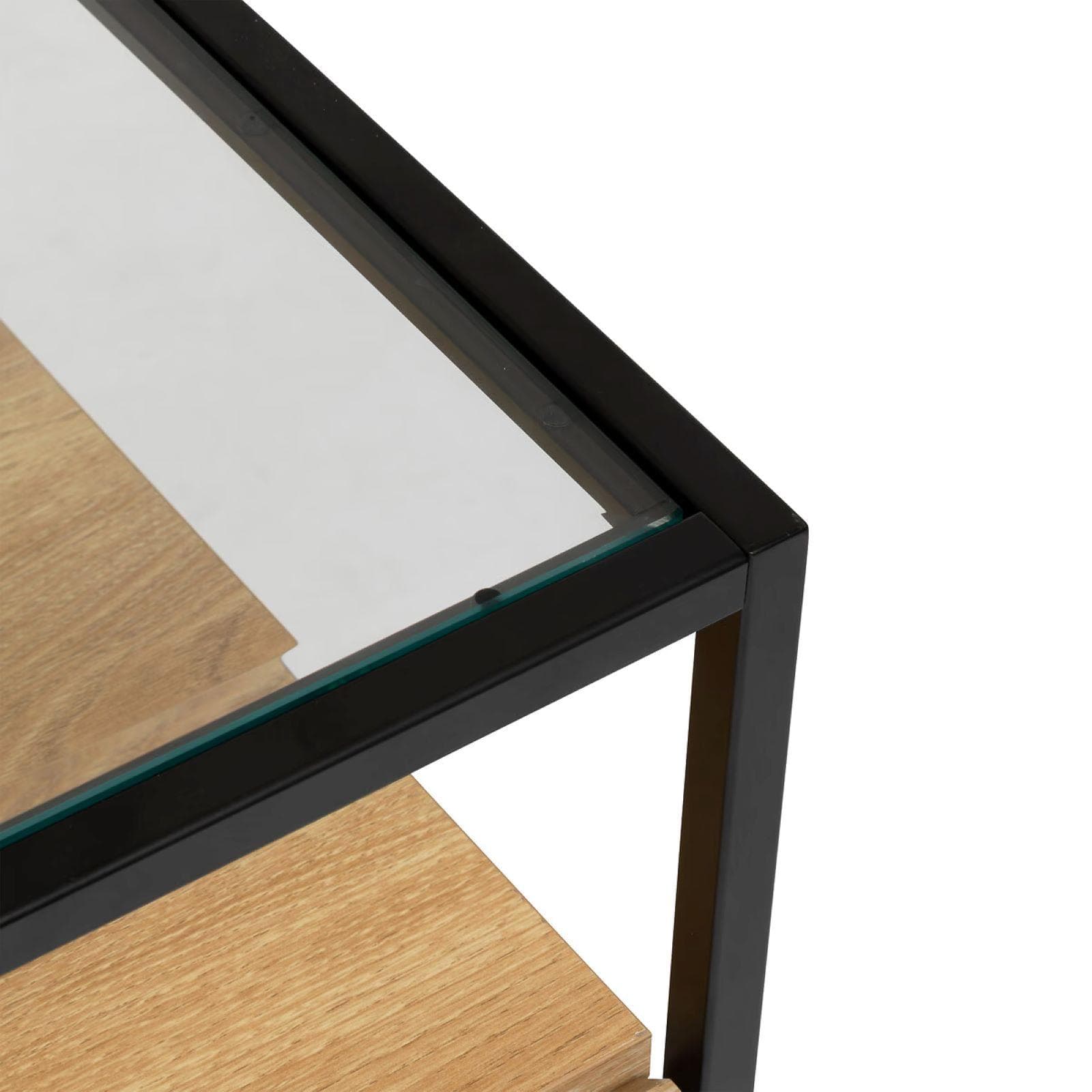 Credenza 140x80h cm in legno e acciaio nero con 2 ante 2 cassetti e top in vetro temperato - Aspen