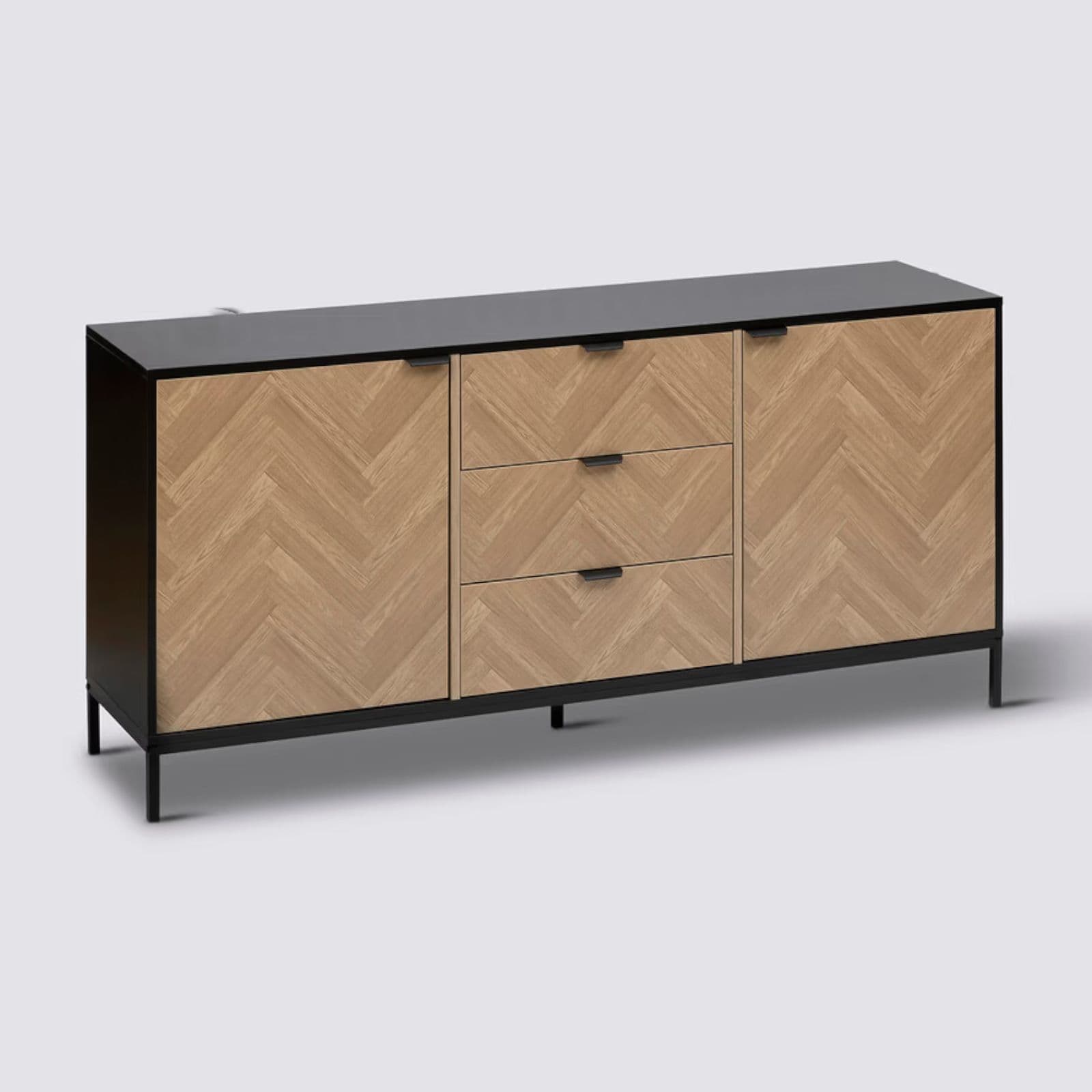 Credenza 160x40 cm in acciaio nero con ante e cassetti in legno effetto parquet - Blacky