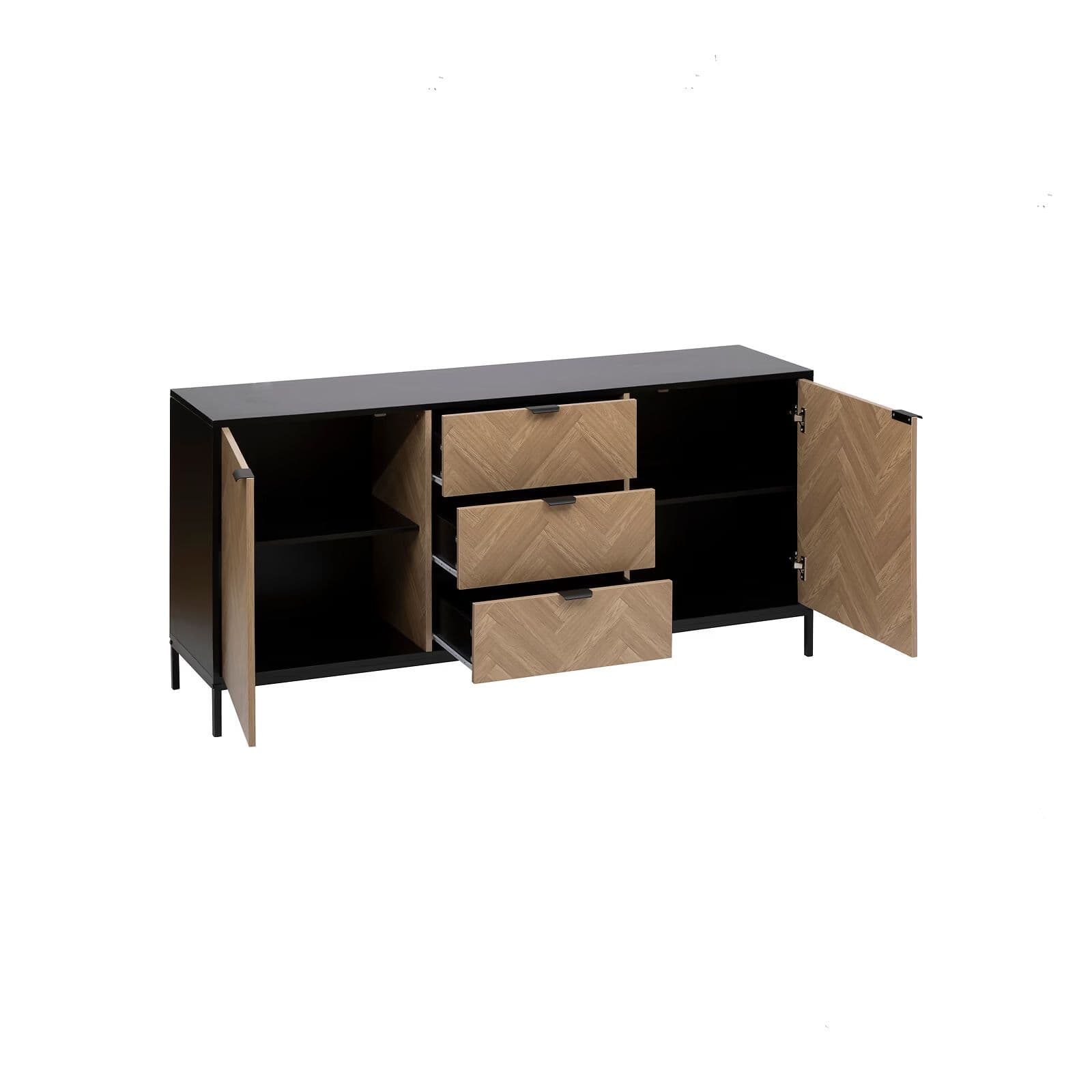 Credenza 160x40 cm in acciaio nero con ante e cassetti in legno effetto parquet - Blacky