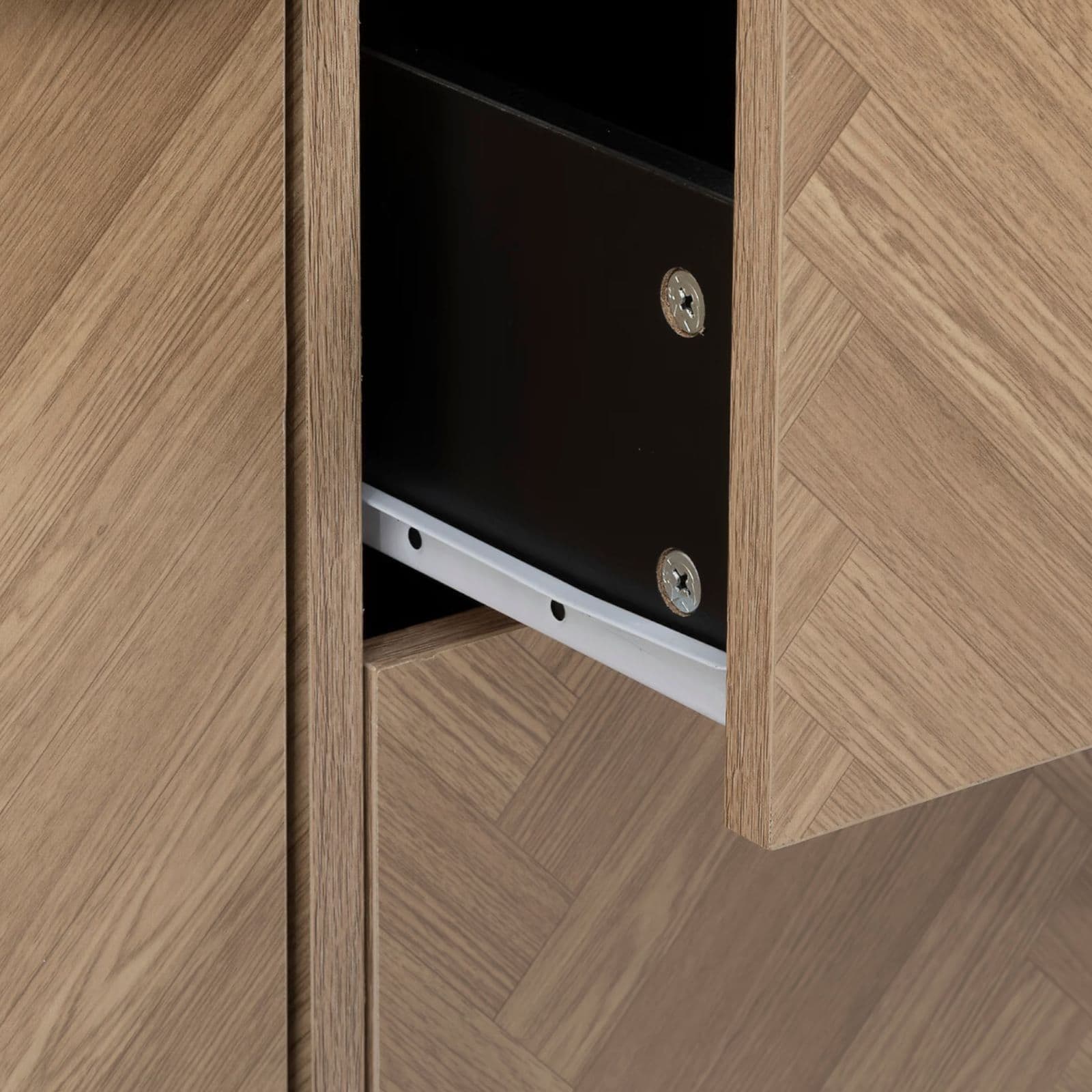Credenza 160x40 cm in acciaio nero con ante e cassetti in legno effetto parquet - Blacky