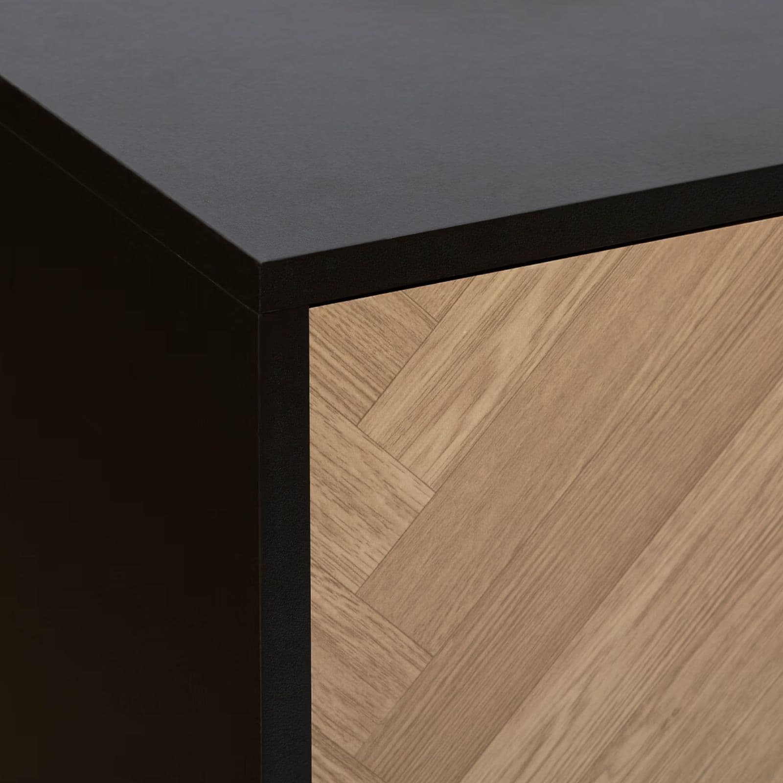 Credenza 160x40 cm in acciaio nero con ante e cassetti in legno effetto parquet - Blacky