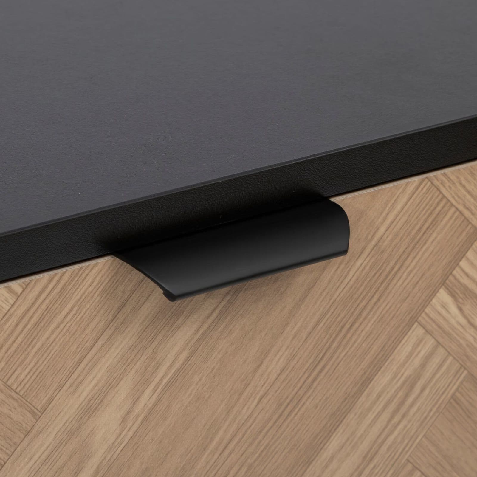 Credenza 160x40 cm in acciaio nero con ante e cassetti in legno effetto parquet - Blacky