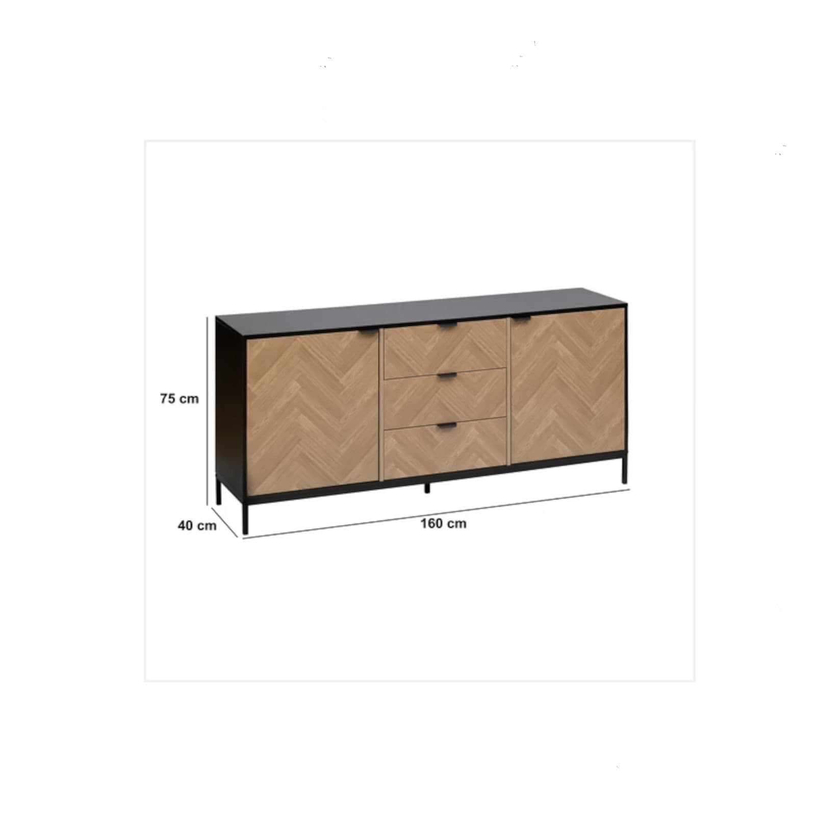 Credenza 160x40 cm in acciaio nero con ante e cassetti in legno effetto parquet - Blacky