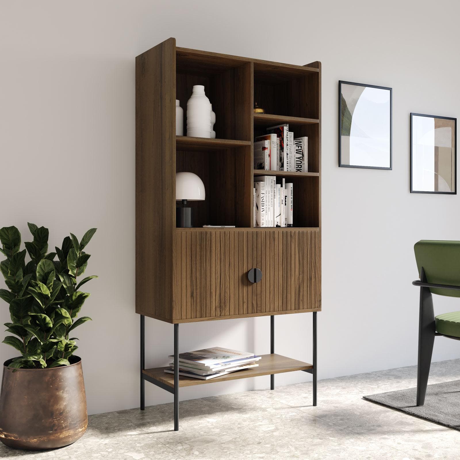 Credenza 79x166h cm con 2 ante soft close noce cannettato e gambe in metallo nero - Ozma