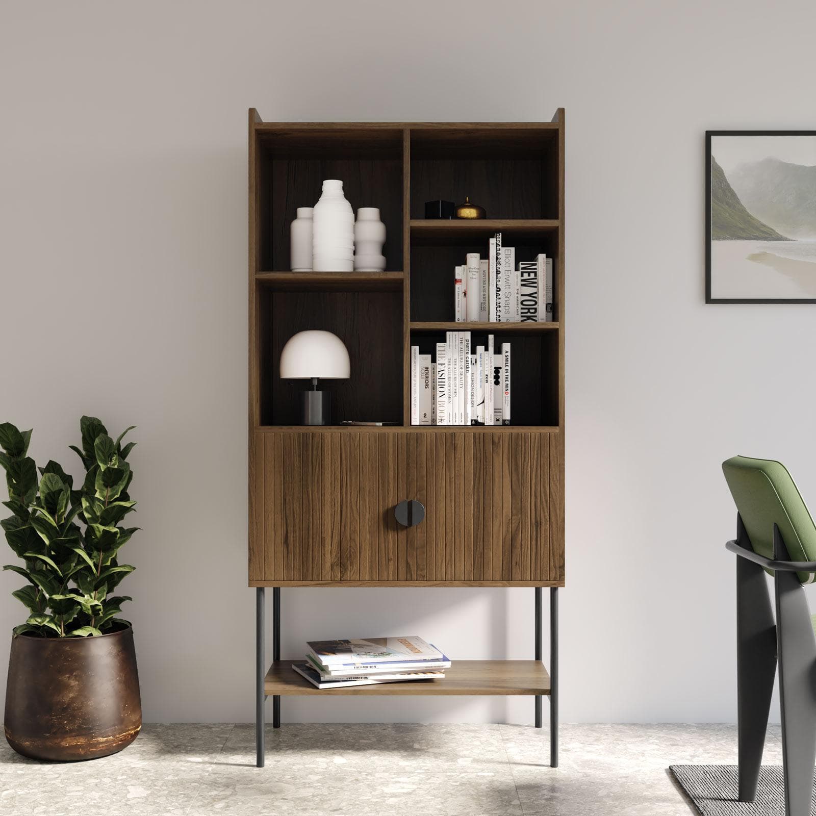 Credenza 79x166h cm con 2 ante soft close noce cannettato e gambe in metallo nero - Ozma