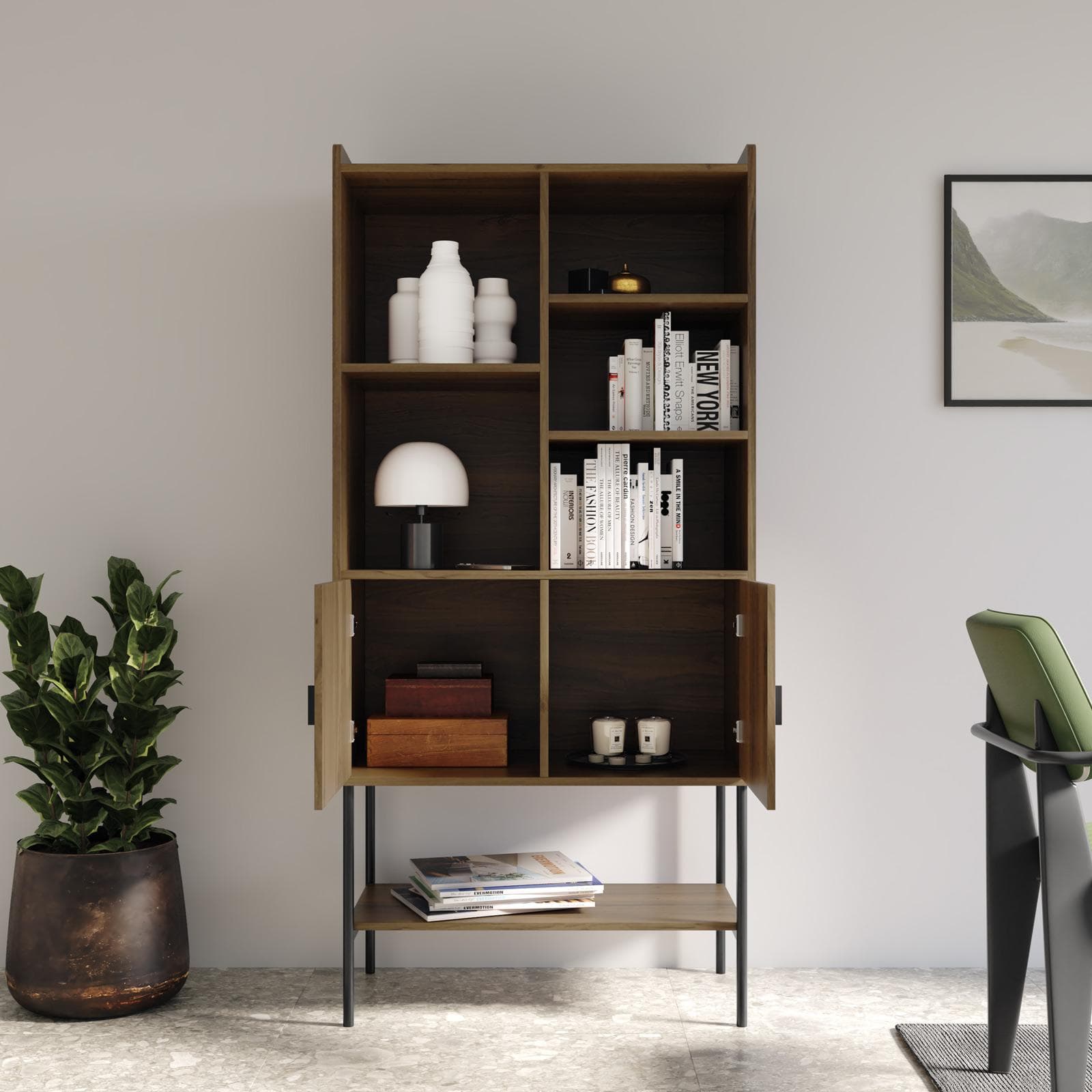 Credenza 79x166h cm con 2 ante soft close noce cannettato e gambe in metallo nero - Ozma