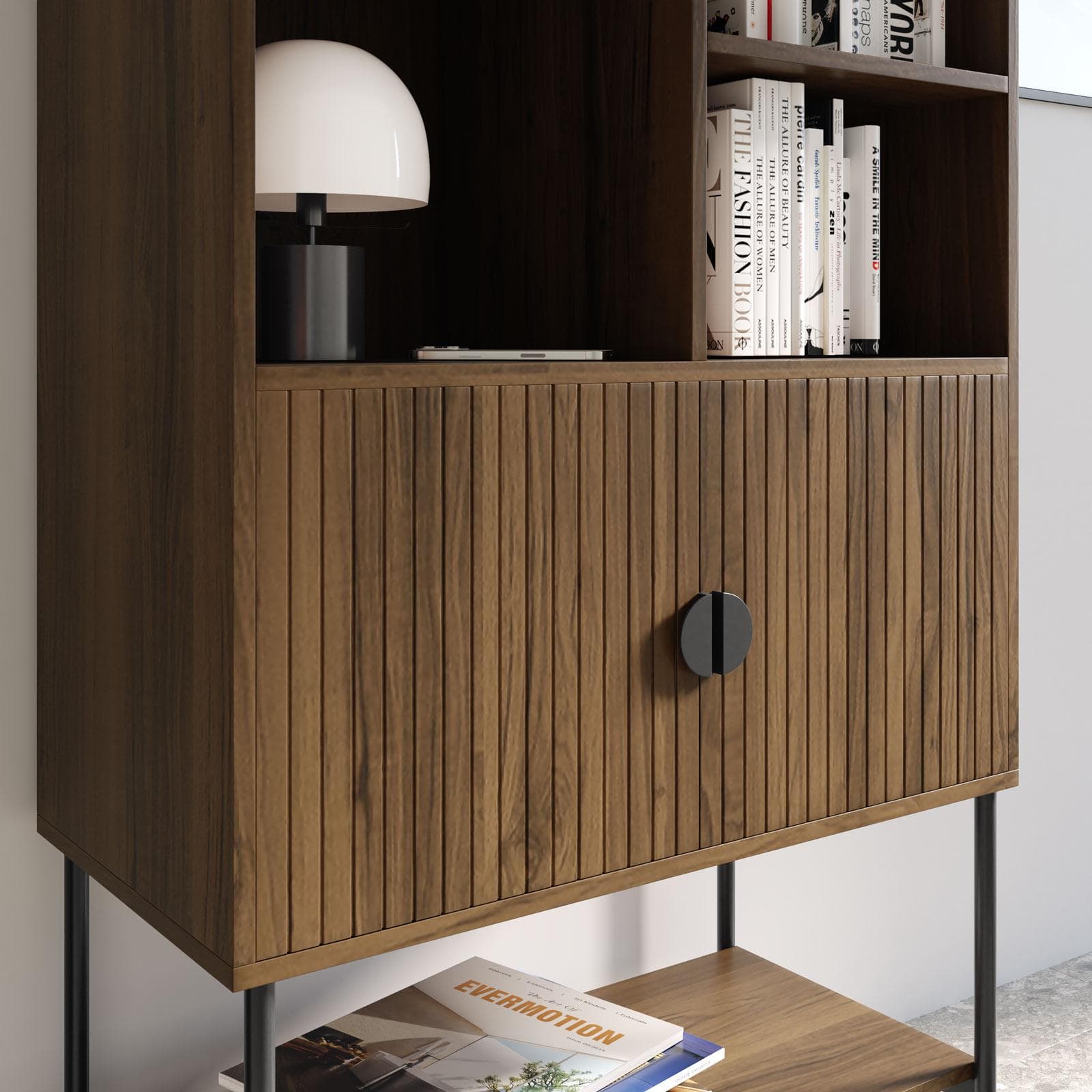 Credenza 79x166h cm con 2 ante soft close noce cannettato e gambe in metallo nero - Ozma
