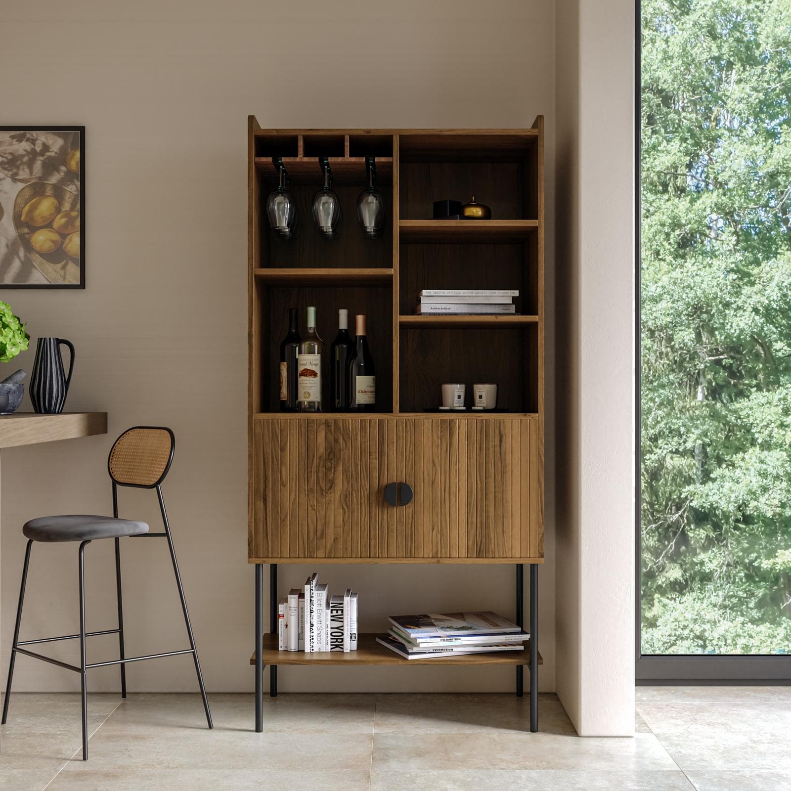 Credenza 79x166h cm con 2 ante soft close noce cannettato e portabottiglie interno con gambe in metallo nero - Ozma
