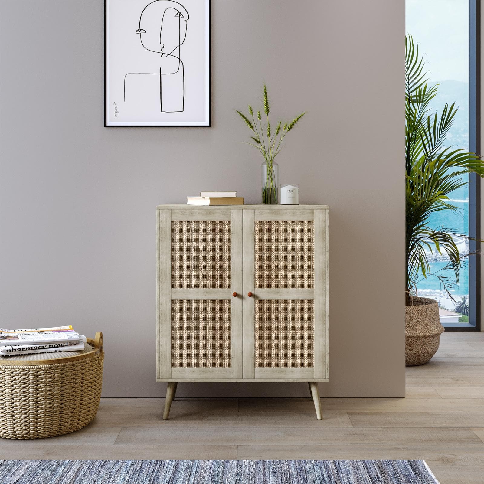 Credenza 79x99h cm in legno naturale con 2 ante in rattan - Boheme