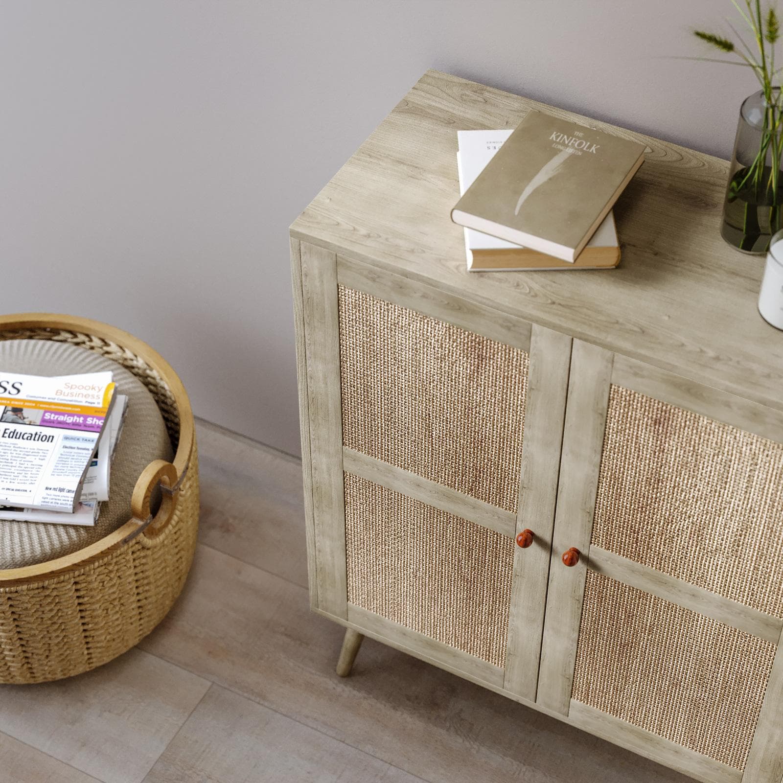 Credenza 79x99h cm in legno naturale con 2 ante in rattan - Boheme