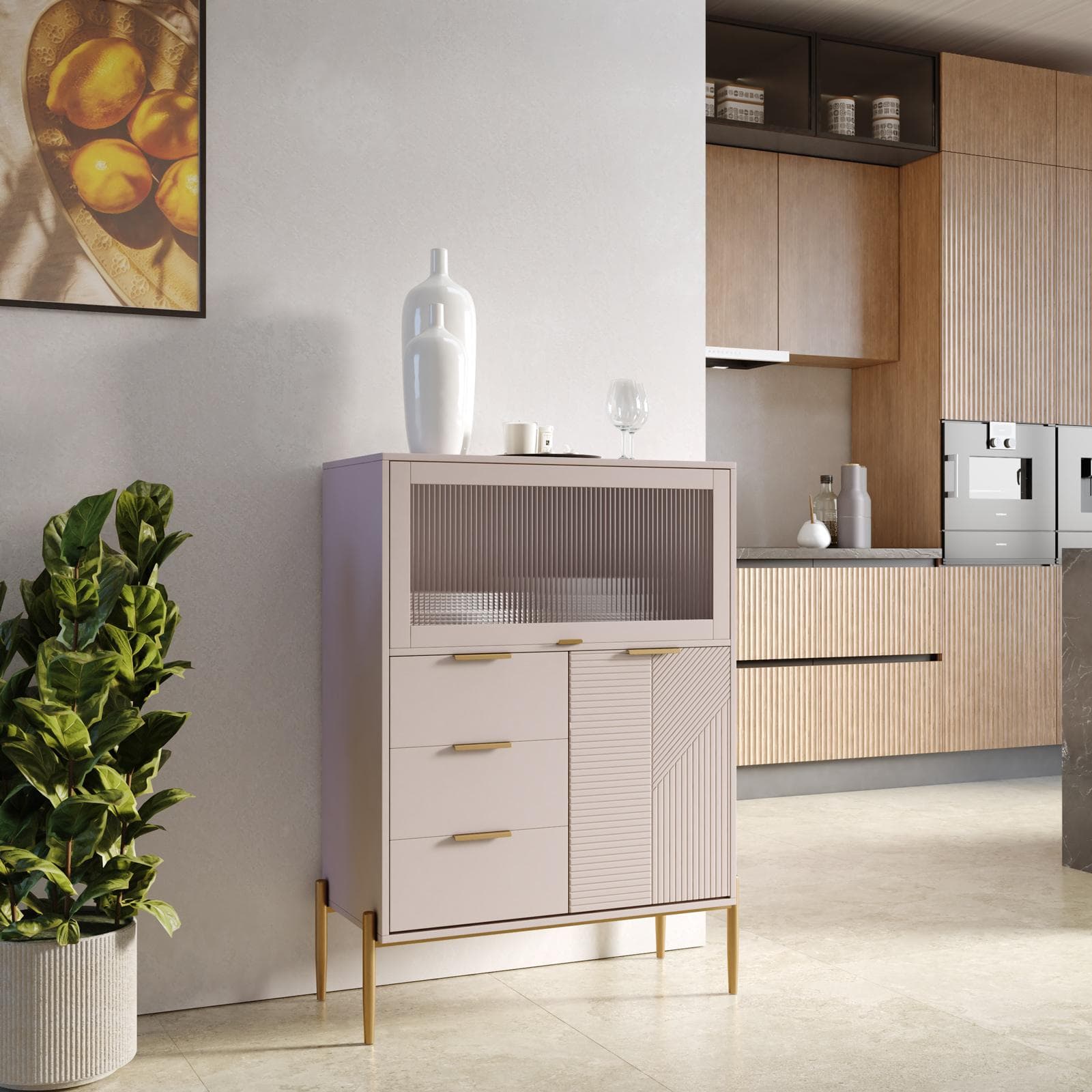 Credenza 85x115h cm con 2 ante e 3 cassetti cashmere opaco cannettato e gambe oro - Gwyneth