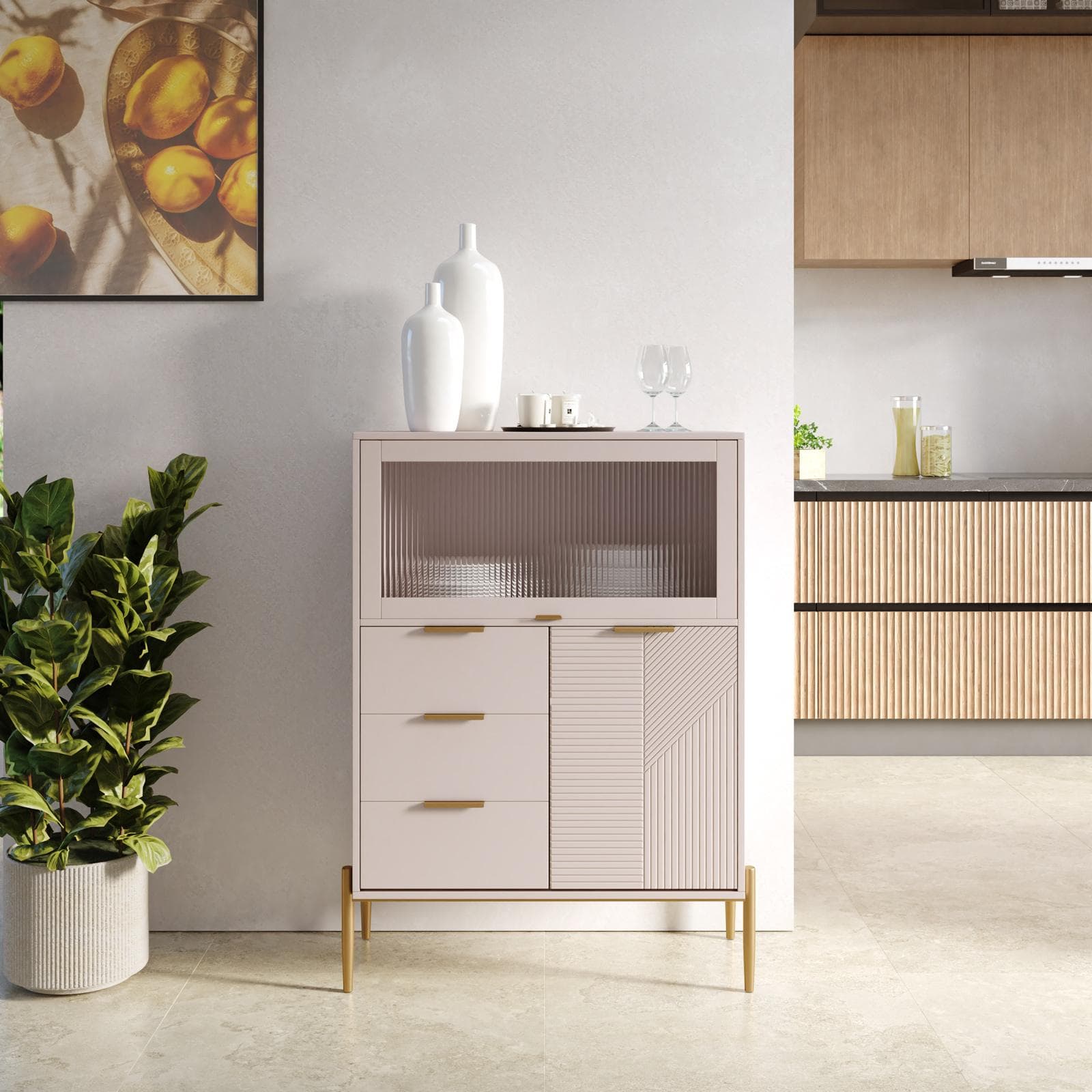 Credenza 85x115h cm con 2 ante e 3 cassetti cashmere opaco cannettato e gambe oro - Gwyneth