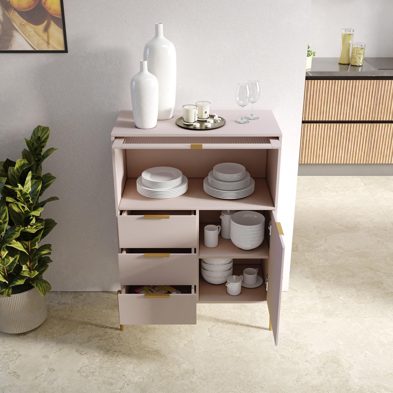 Credenza 85x115h cm con 2 ante e 3 cassetti cashmere opaco cannettato e gambe oro - Gwyneth