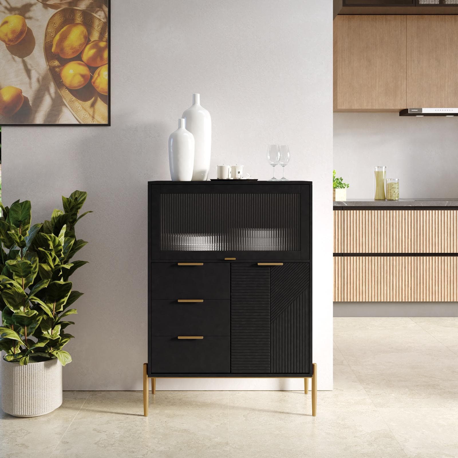 Credenza 85x115h cm con 2 ante e 3 cassetti nero opaco cannettato e gambe oro - Gwyneth