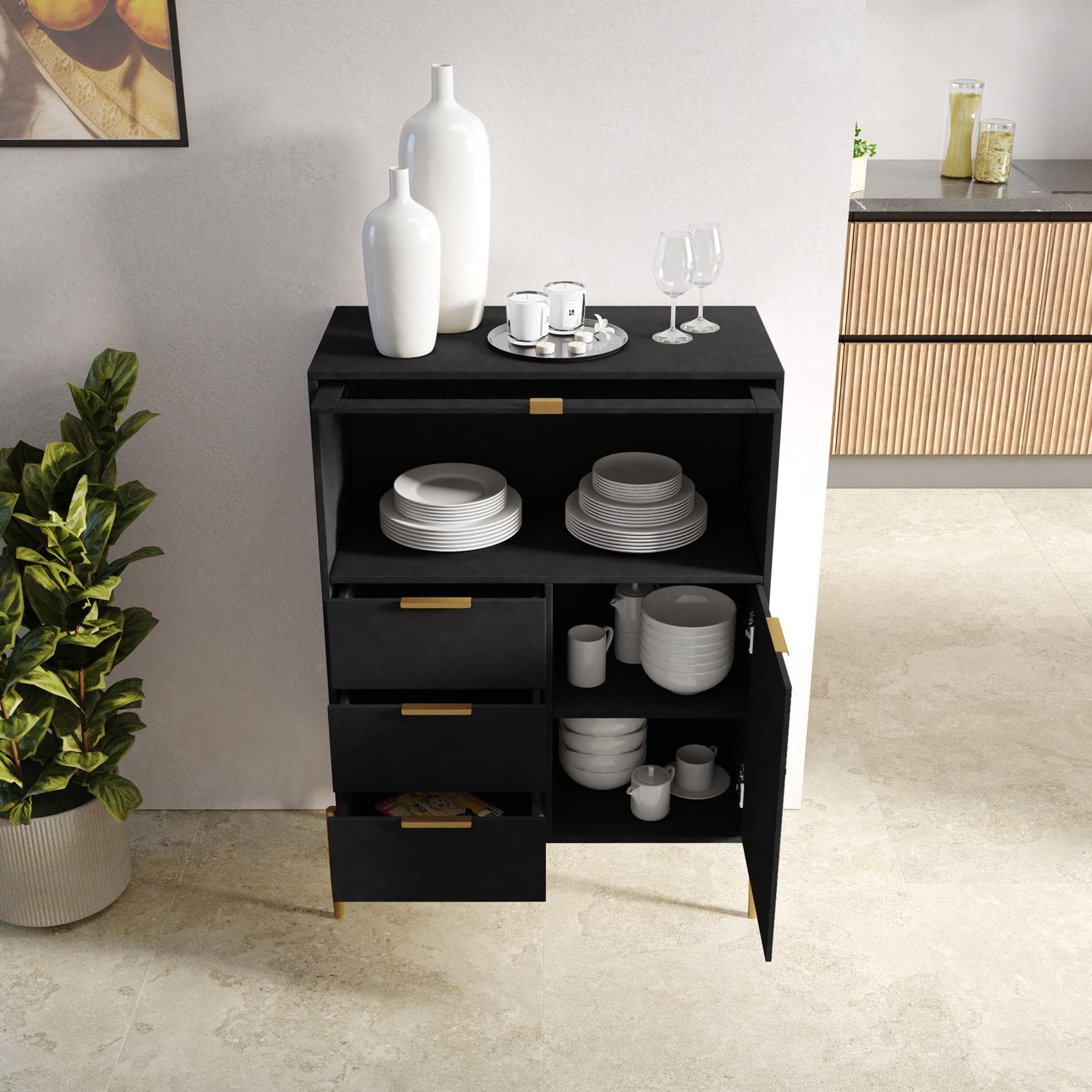 Credenza 85x115h cm con 2 ante e 3 cassetti nero opaco cannettato e gambe oro - Gwyneth