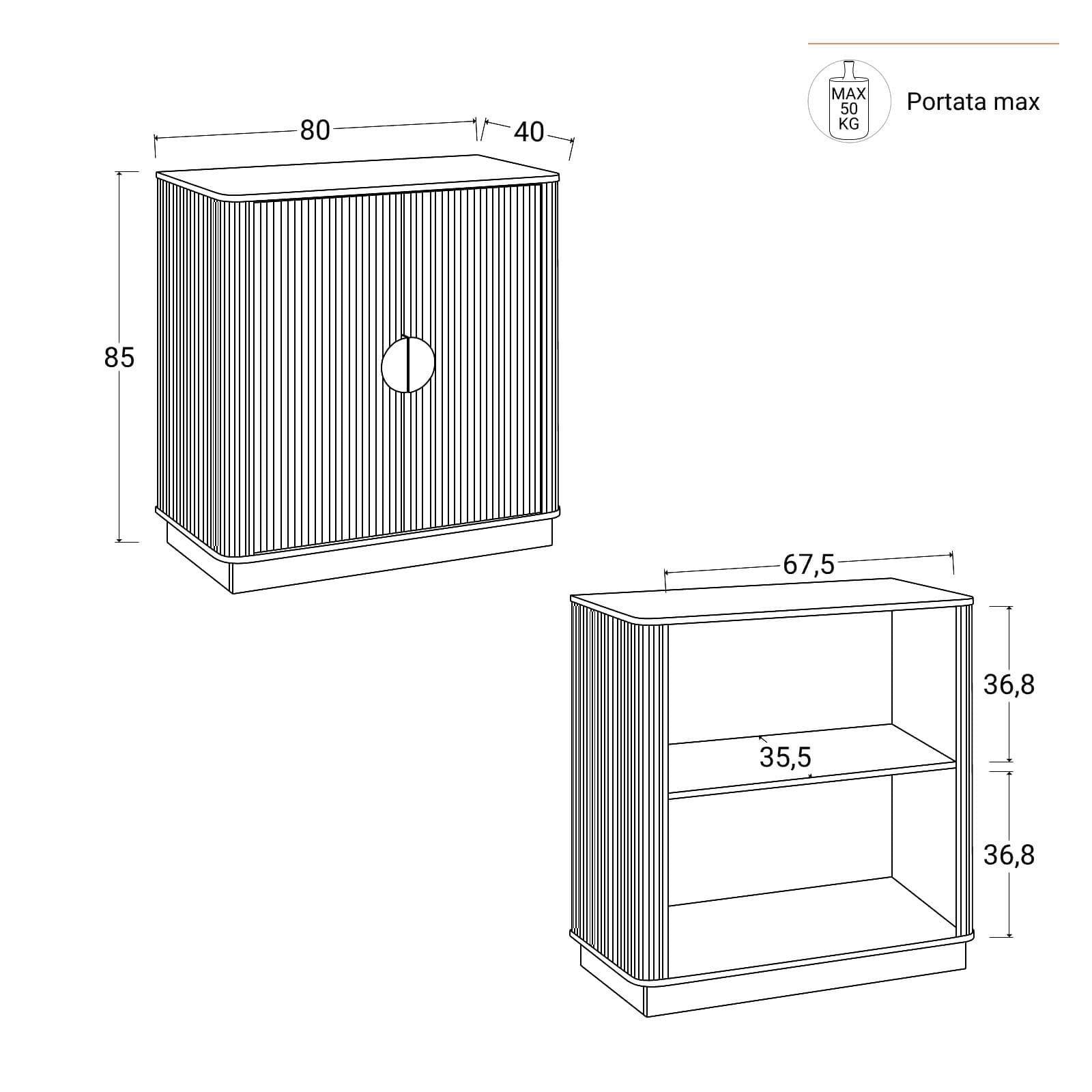 Credenza 80x85h cm in legno effetto noce cannettato e oro con 2 ante - Yuna
