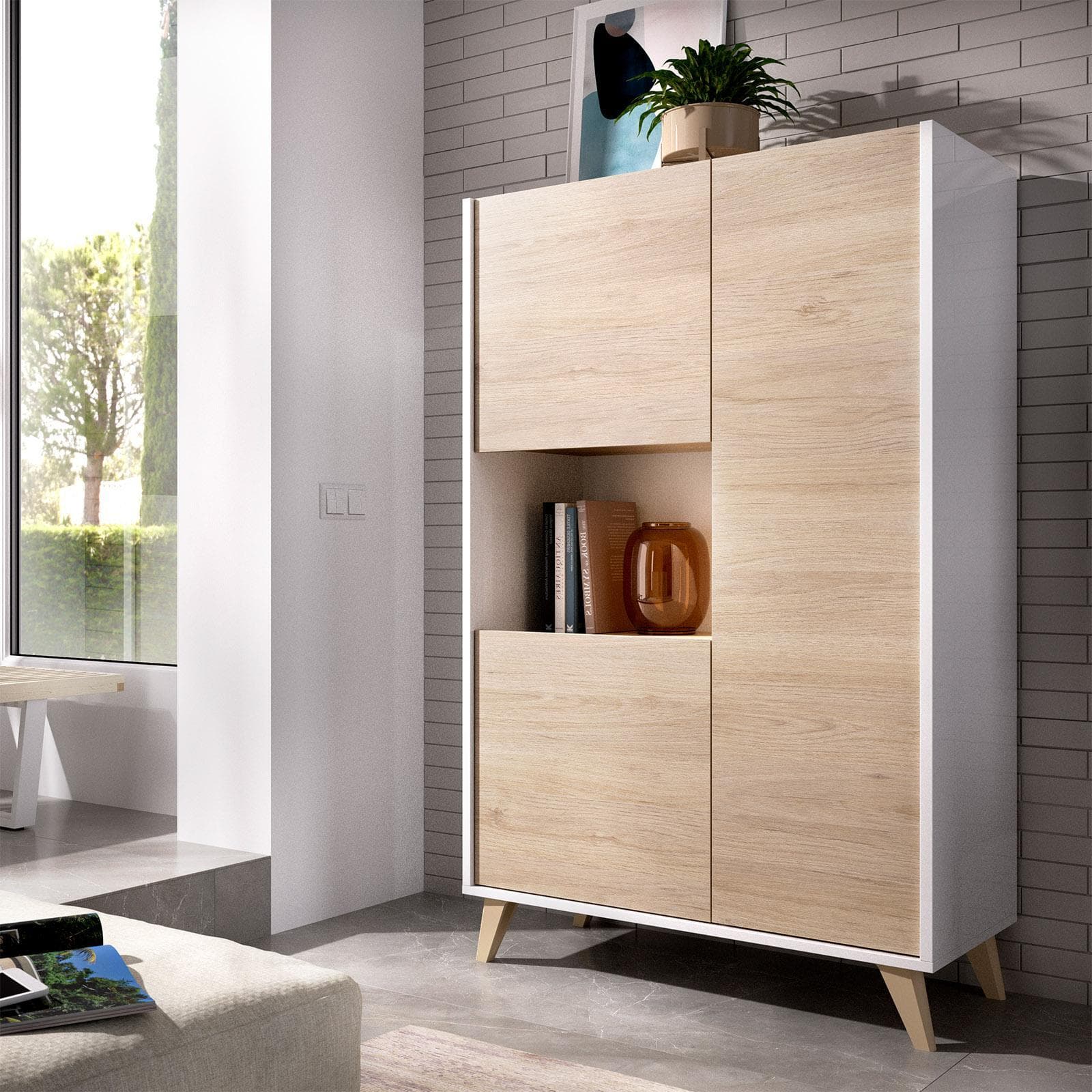 Credenza 81x135 h in legno naturale e bianco con 3 ante e vano a giorno - Eike