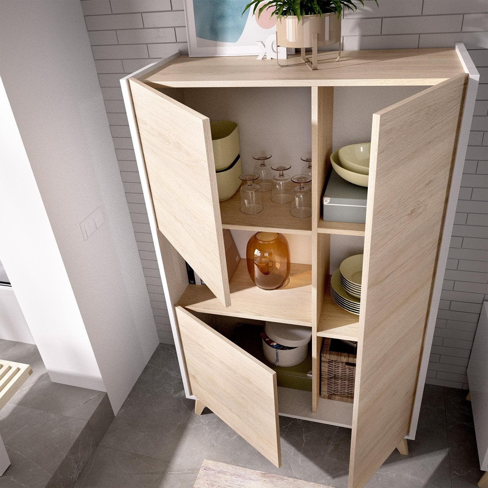 Credenza 81x135 h in legno naturale e bianco con 3 ante e vano a giorno - Eike
