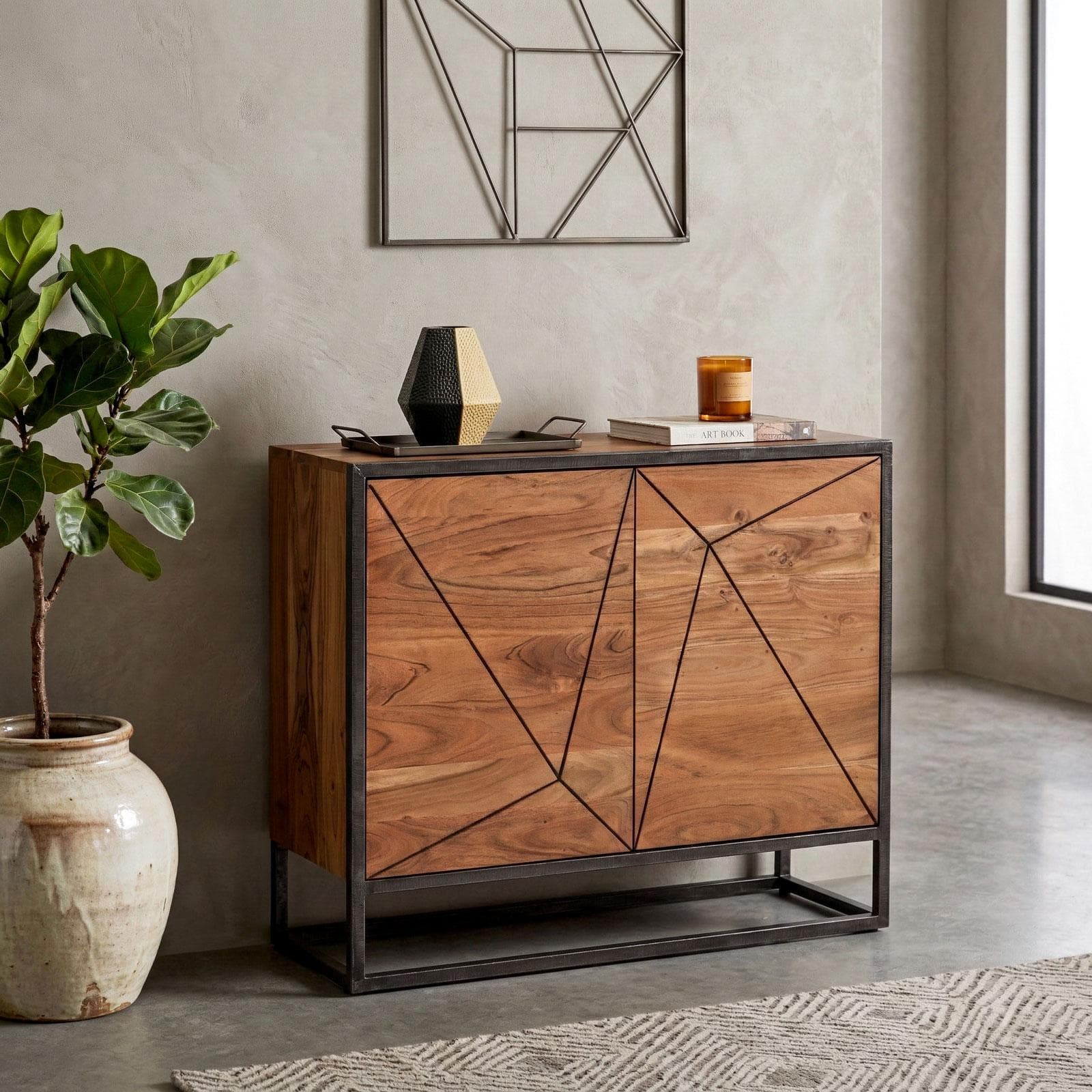 Credenza 88x76h cm in legno di acacia e metallo nero con 2 ante - Freia Acacia