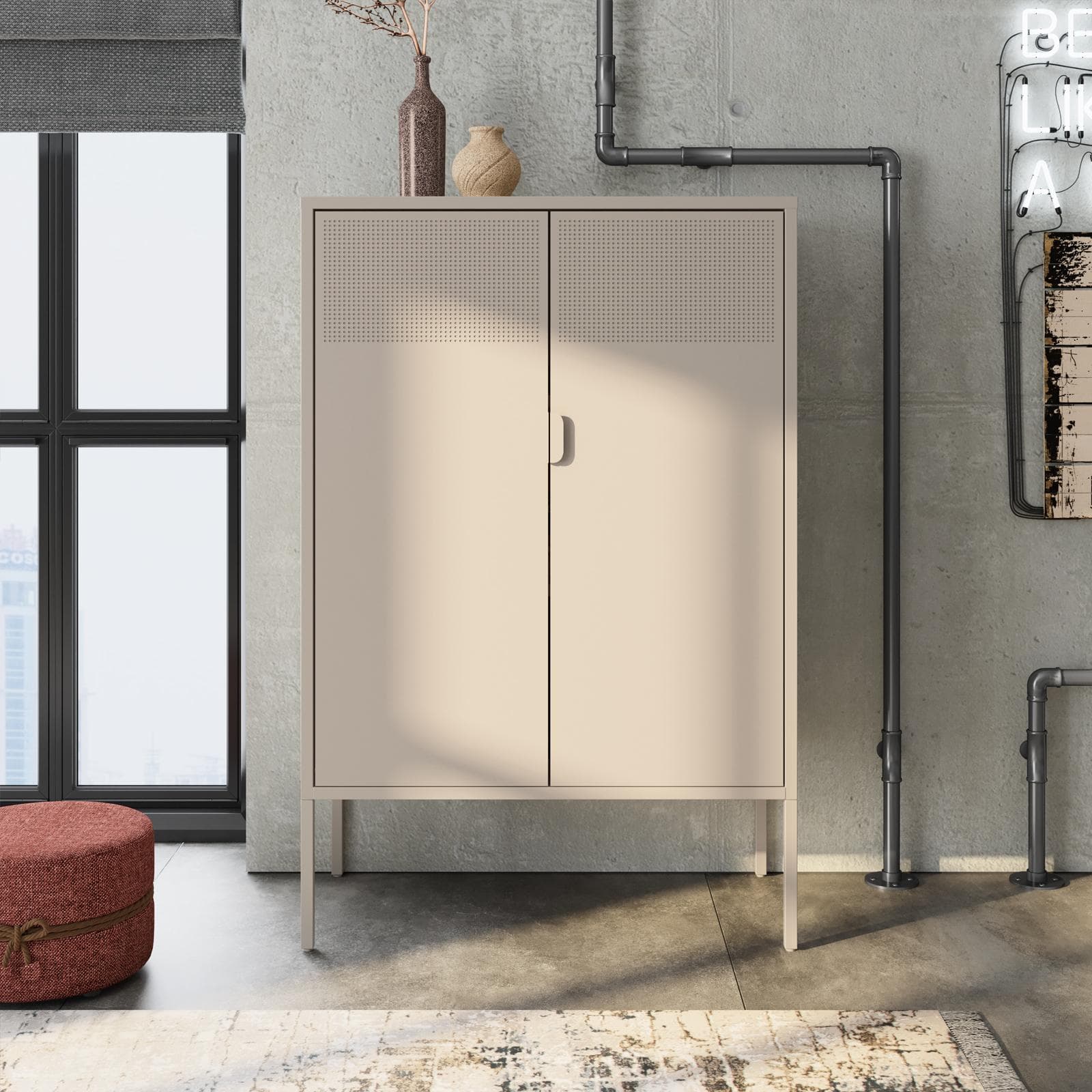 Credenza 80x120h cm in acciaio verniciato crema con 2 ante semiforate - Eclipse