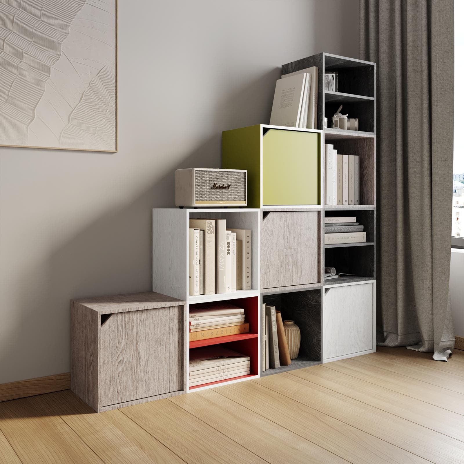 Cubo modulare effetto rovere bianco con mensola - Puzzle