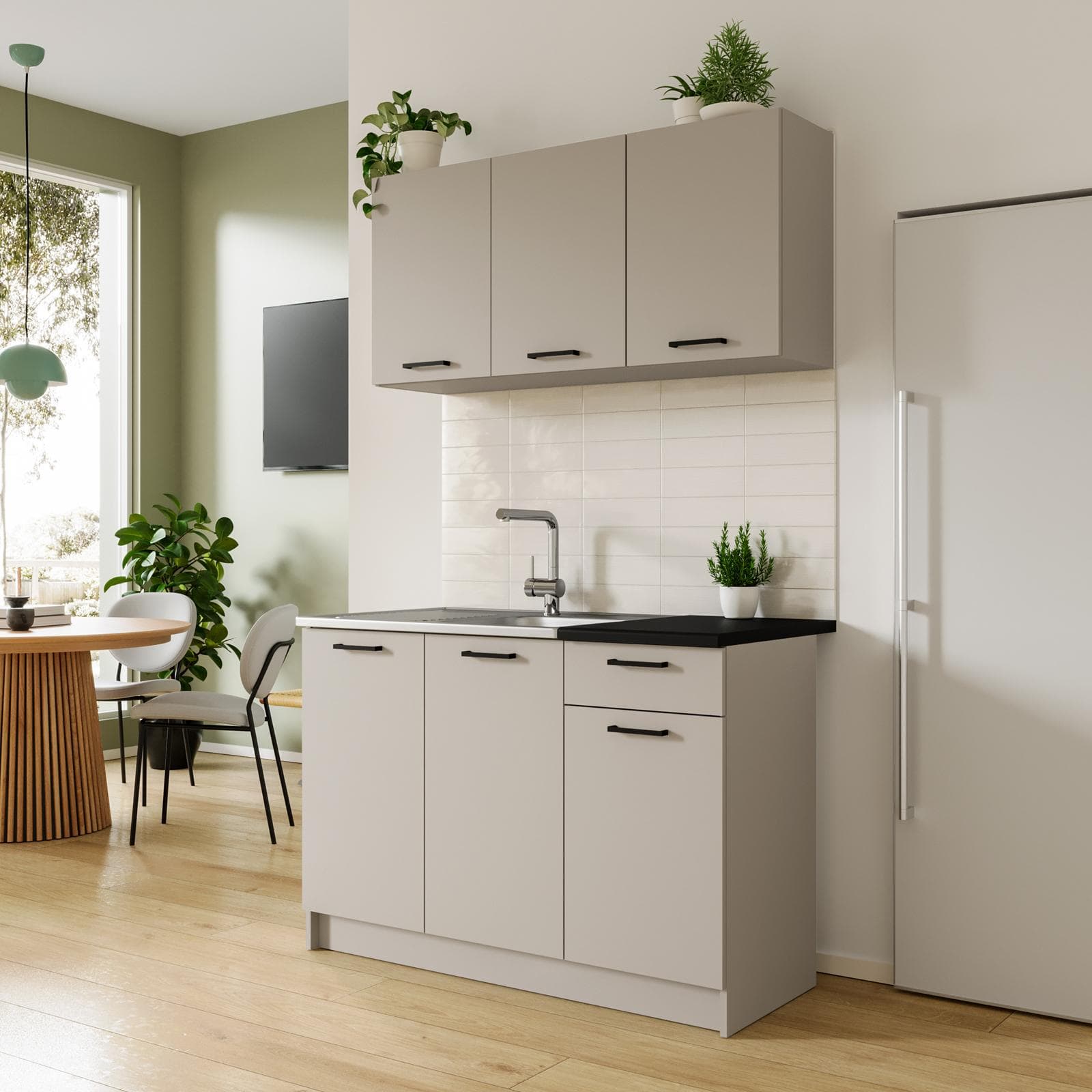Cucina lineare 120 cm reversibile cashmere e top nero con pensili - Ismeria