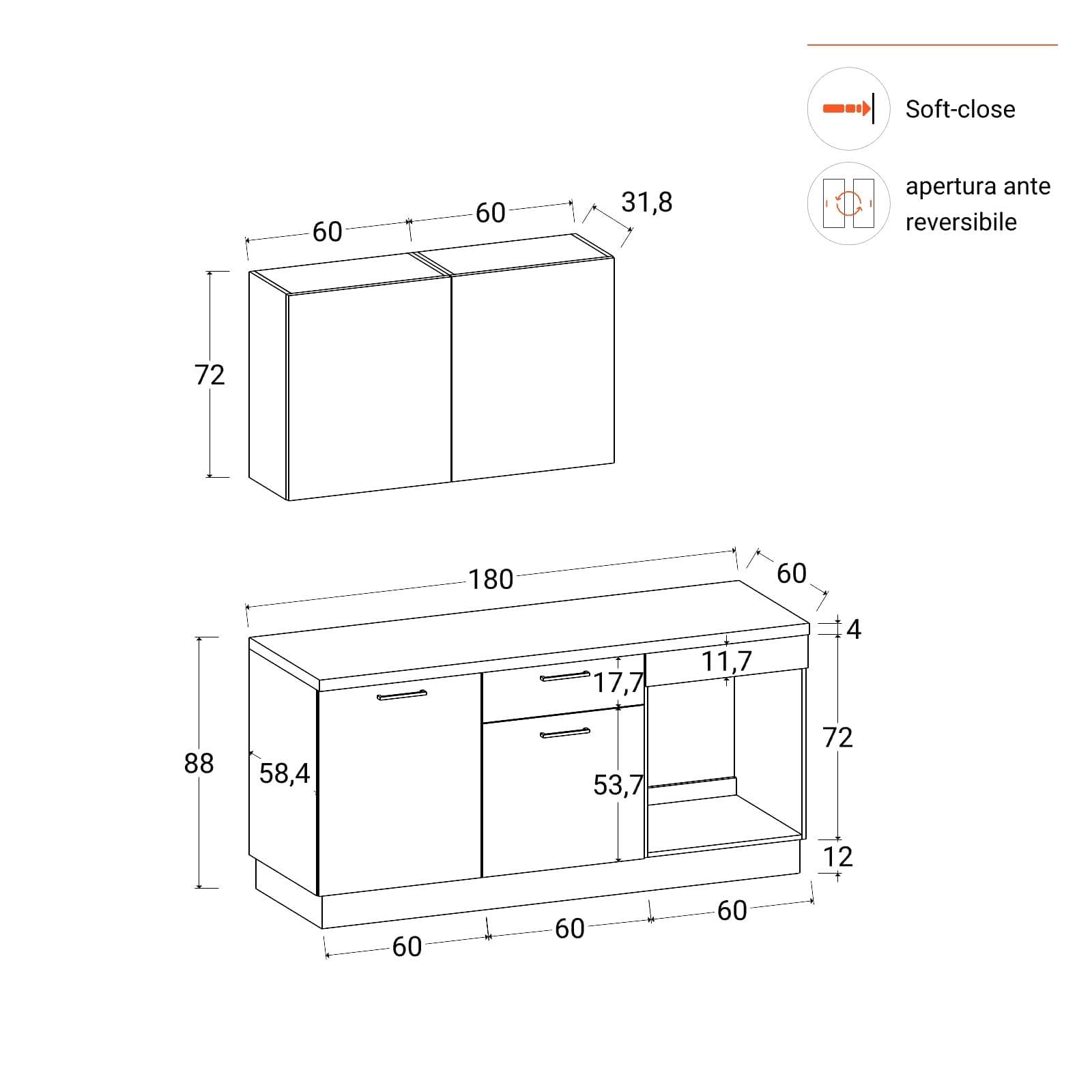 Cucina lineare 180 cm reversibile antracite e cashmere top 40 mm nero effetto marmo con 2 pensili dogati - Domy